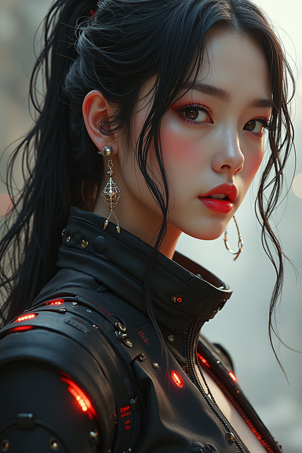 woman as a soft lustrous biotech raver gutter punk gothic cyborg, golden ratio, details, scifi, fantasy, cyberpunk, intricate, decadent, digital painting, octane render, artstation, concept art, smooth, sharp focus, illustration, art by artgerm, loish, wlop