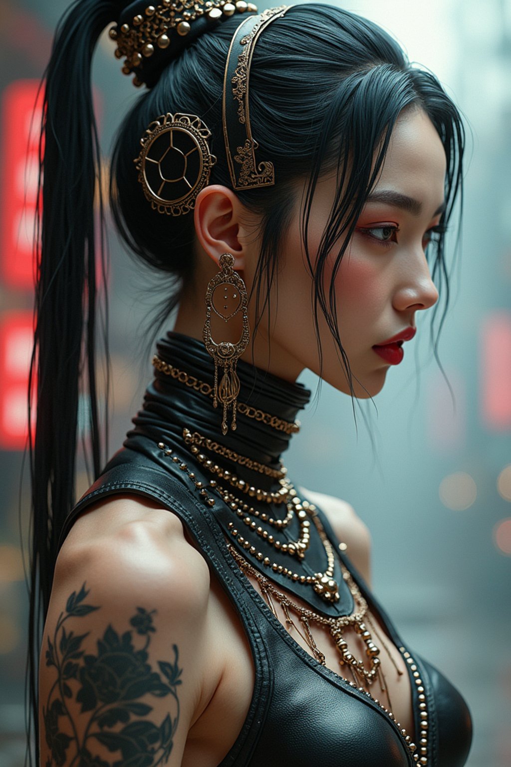 woman as a soft lustrous biotech raver gutter punk gothic cyborg, golden ratio, details, scifi, fantasy, cyberpunk, intricate, decadent, digital painting, octane render, artstation, concept art, smooth, sharp focus, illustration, art by artgerm, loish, wlop