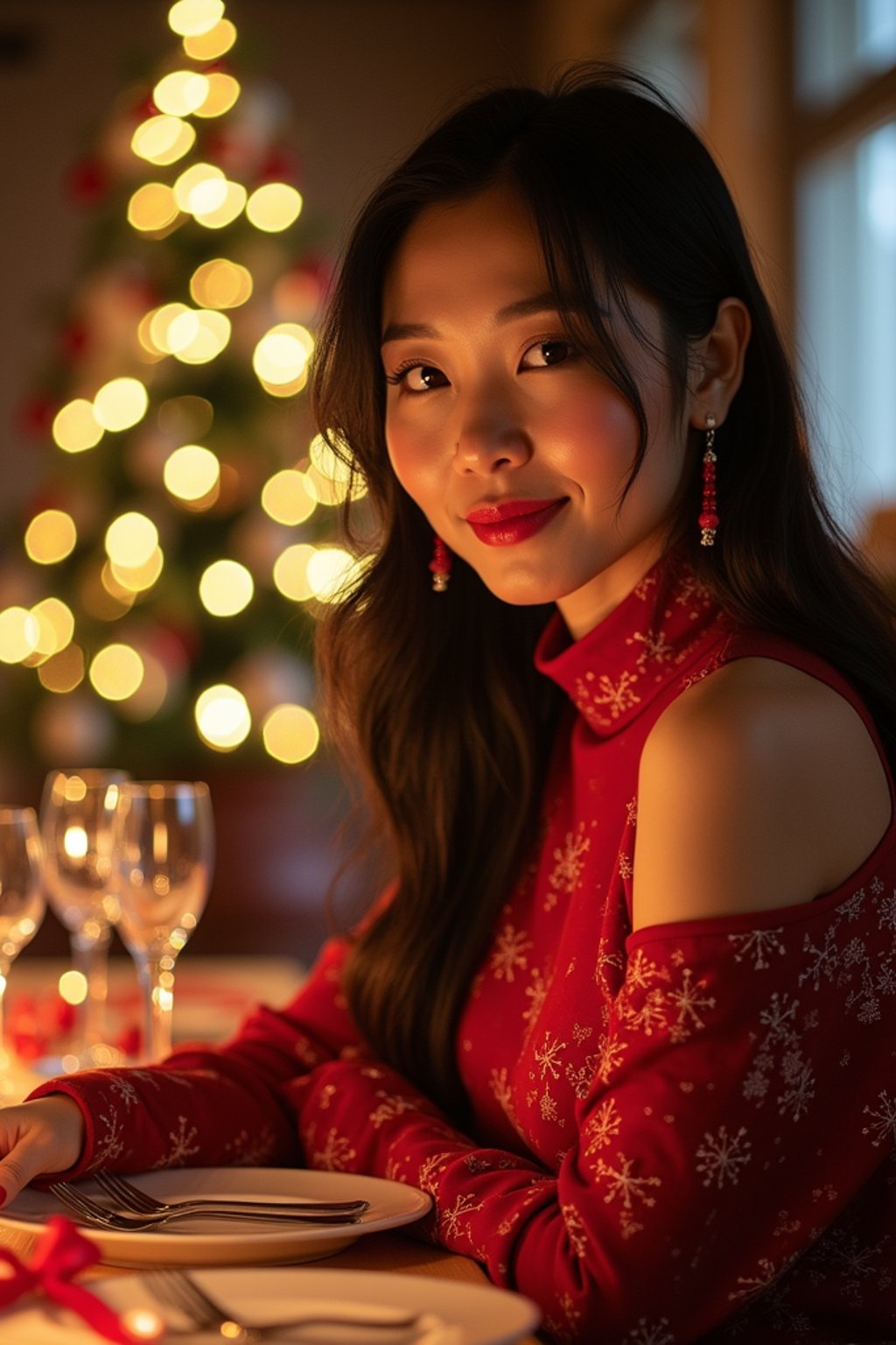 woman at Christmas dinner wearing Christmas style clothes. Christmas tree in background. Christmas lights