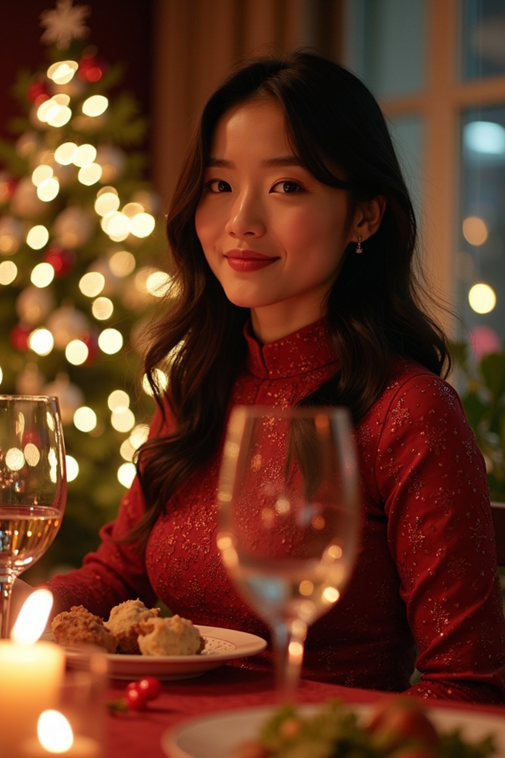 woman at Christmas dinner wearing Christmas style clothes. Christmas tree in background. Christmas lights