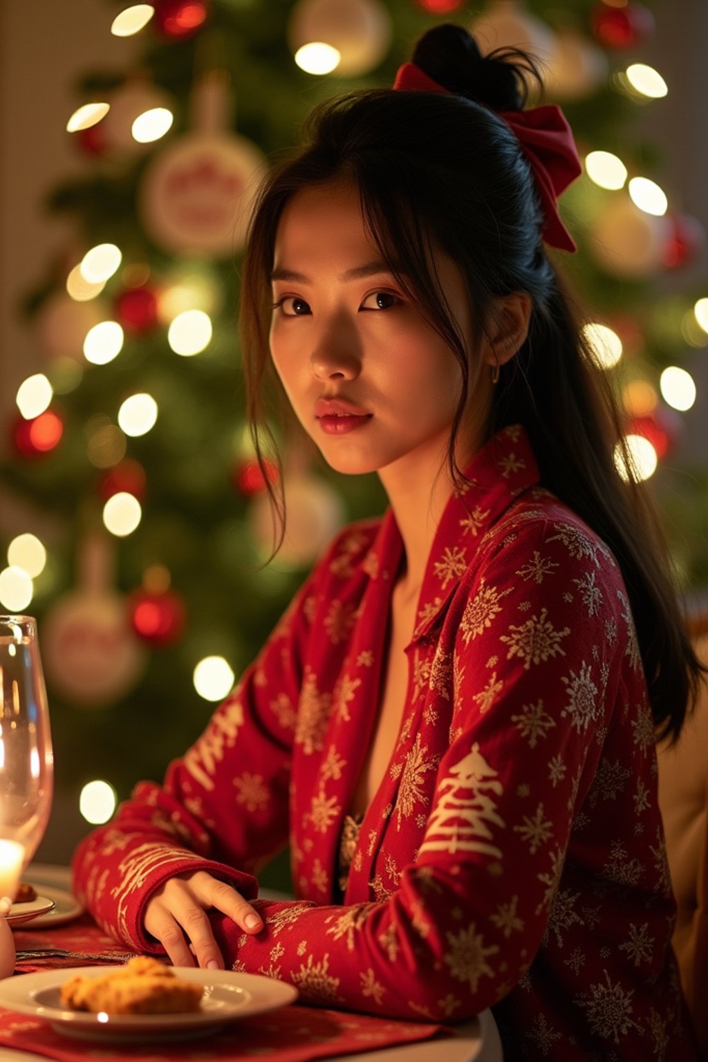 woman at Christmas dinner wearing Christmas style clothes. Christmas tree in background. Christmas lights