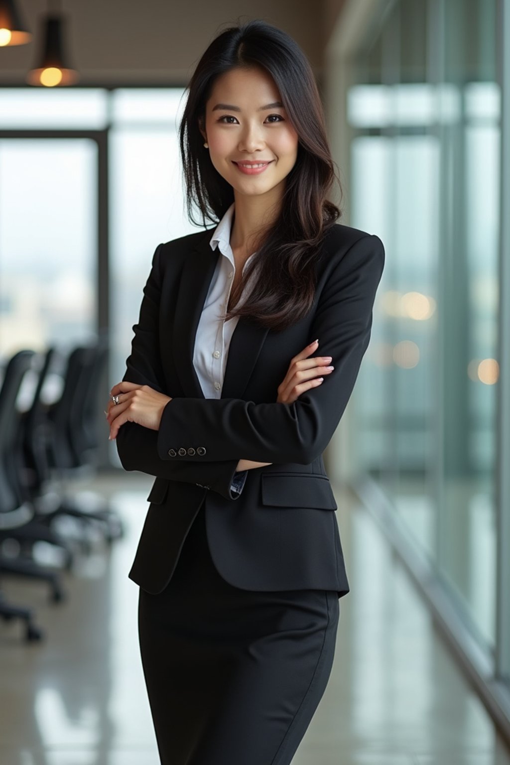 wide LinkedIn profile photo of a professional business woman as a confident professional business woman standing in a modern office. LinkedIn professional profile photo. most popular person on LinkedIn