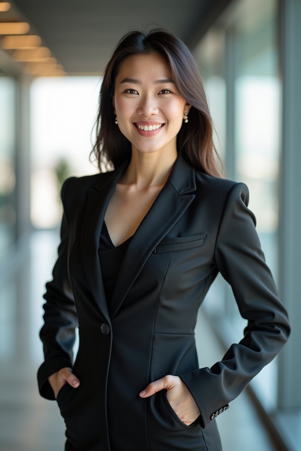 wide LinkedIn profile photo of a professional business woman as a confident professional business woman standing in a modern office. LinkedIn professional profile photo. most popular person on LinkedIn