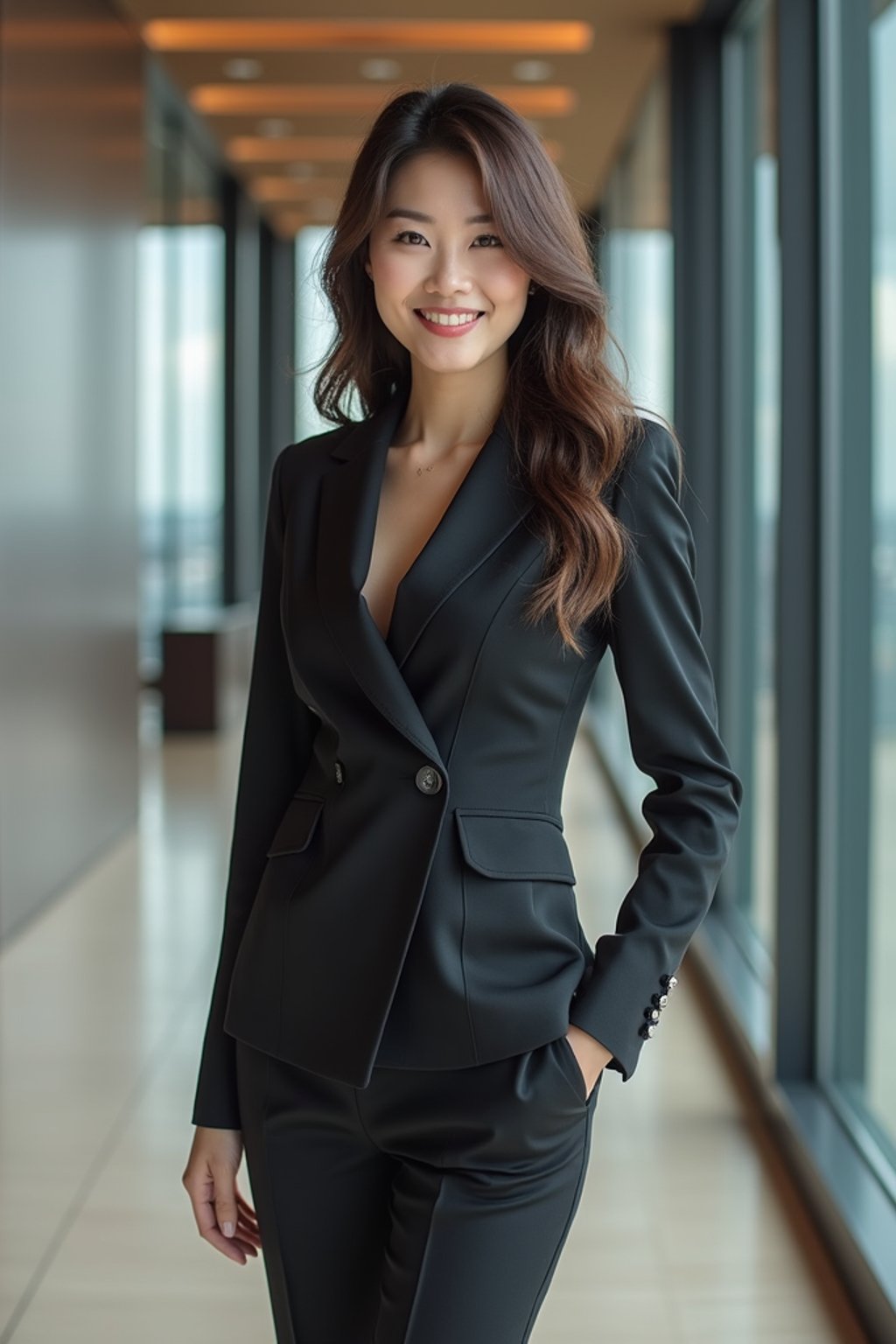 wide LinkedIn profile photo of a professional business woman as a confident professional business woman standing in a modern office. LinkedIn professional profile photo. most popular person on LinkedIn