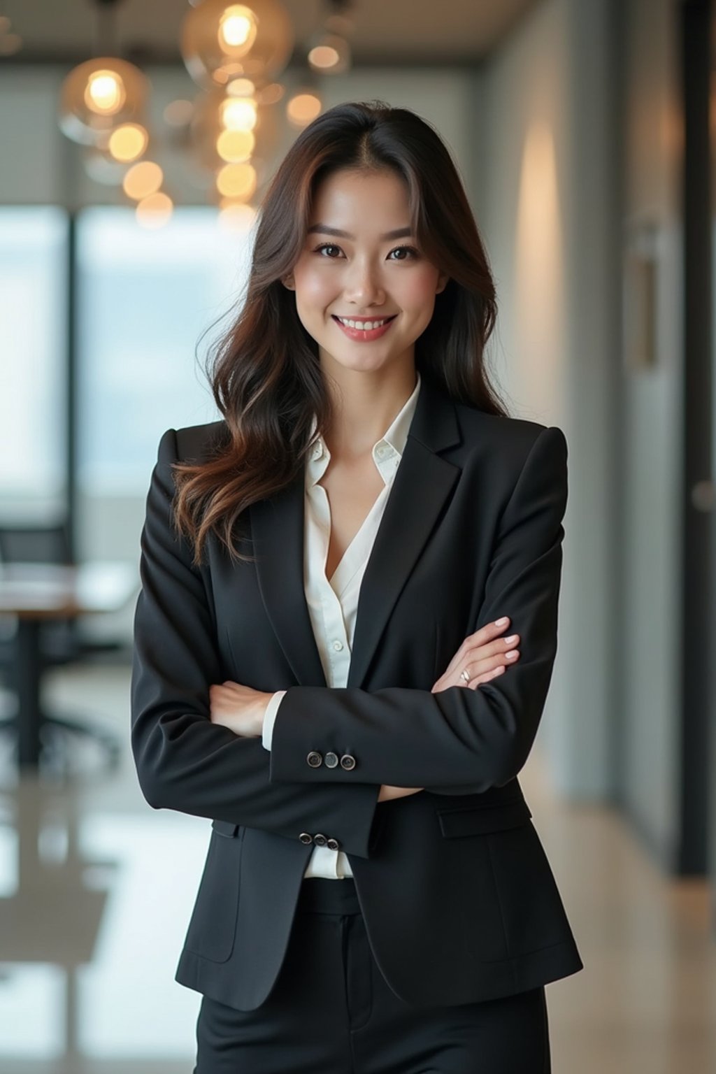 wide LinkedIn profile photo of a professional business woman as a confident professional business woman standing in a modern office. LinkedIn professional profile photo. most popular person on LinkedIn