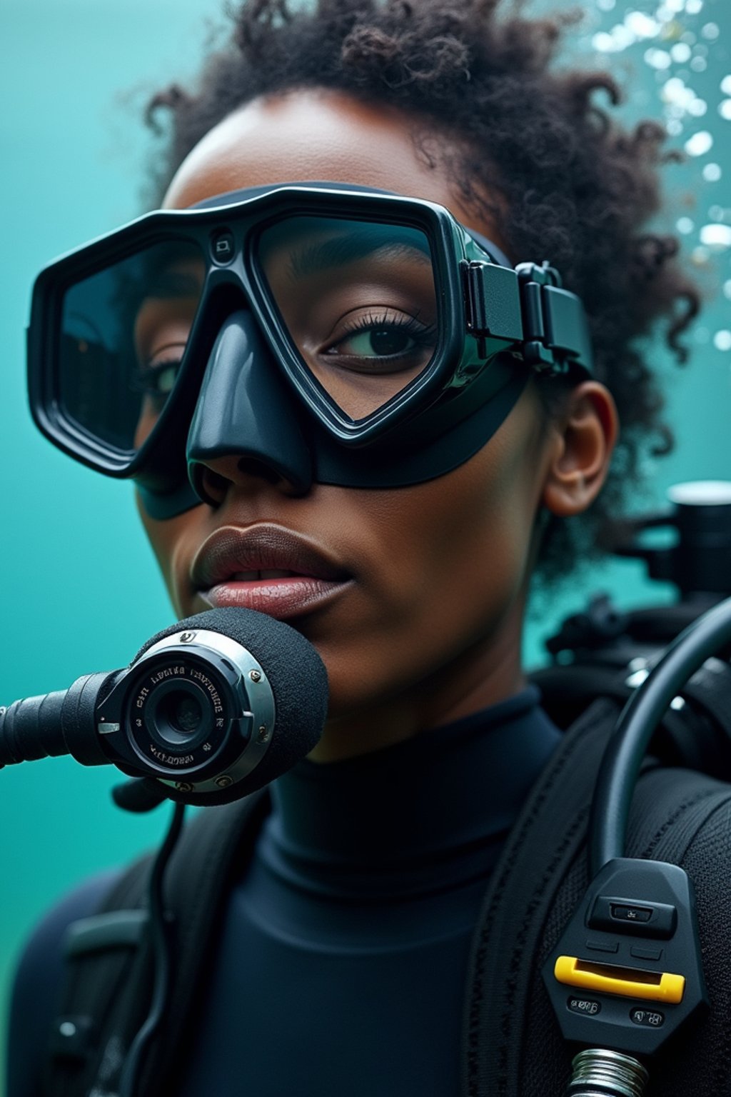 woman as a scuba diver wearing diving goggles and wearing a wetsuit