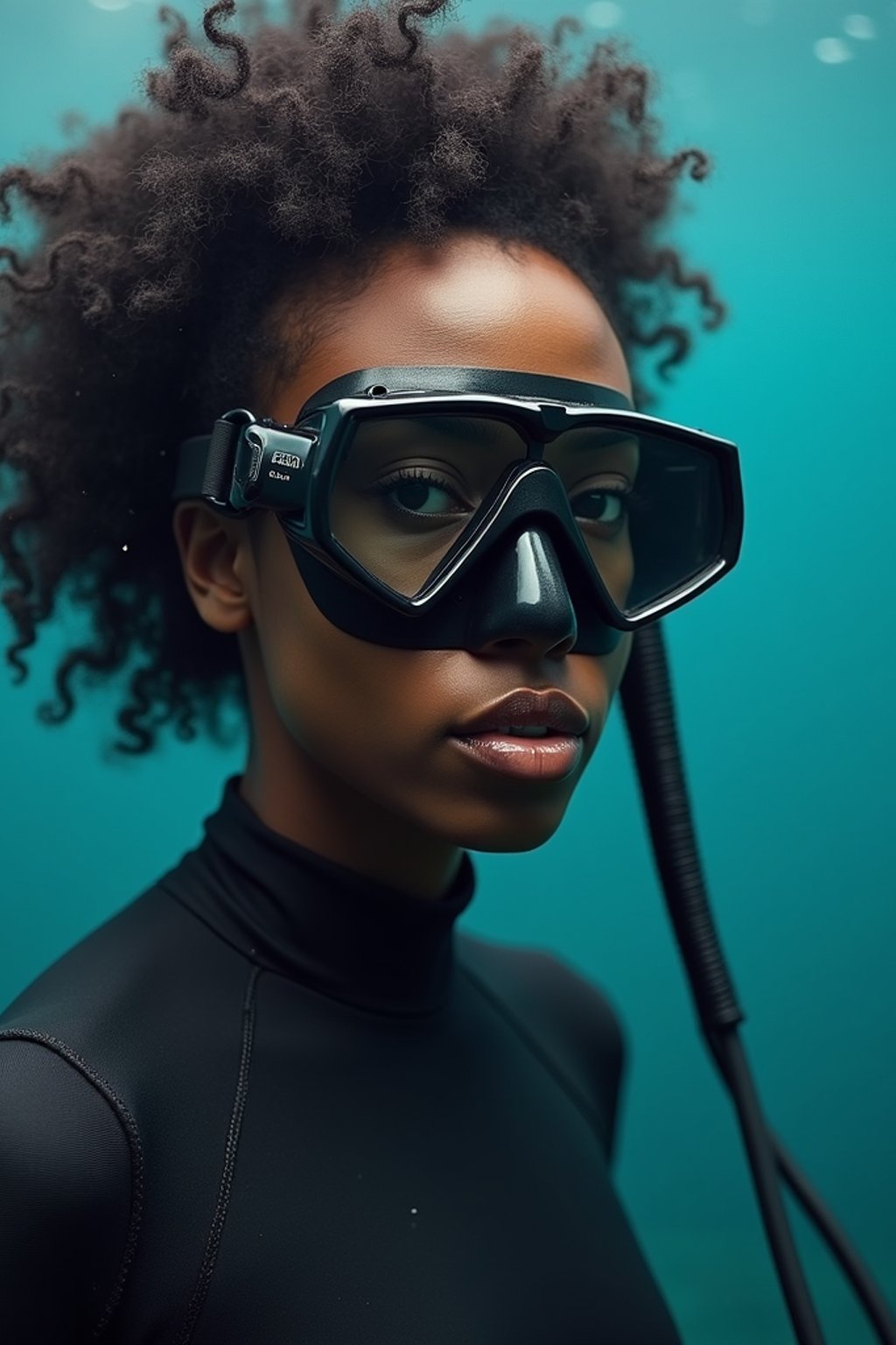 woman as a scuba diver wearing diving goggles and wearing a wetsuit