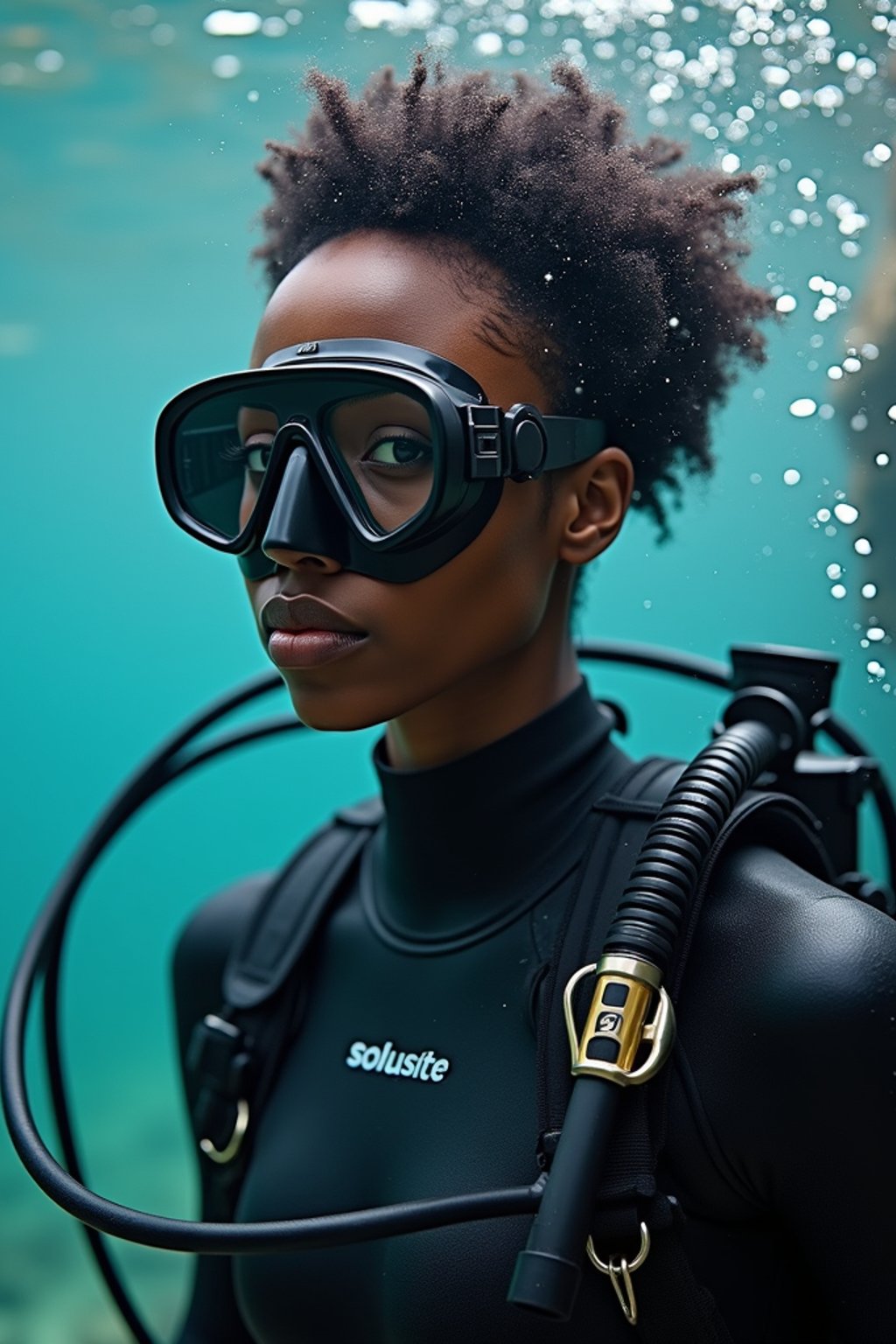 woman as a scuba diver wearing diving goggles and wearing a wetsuit