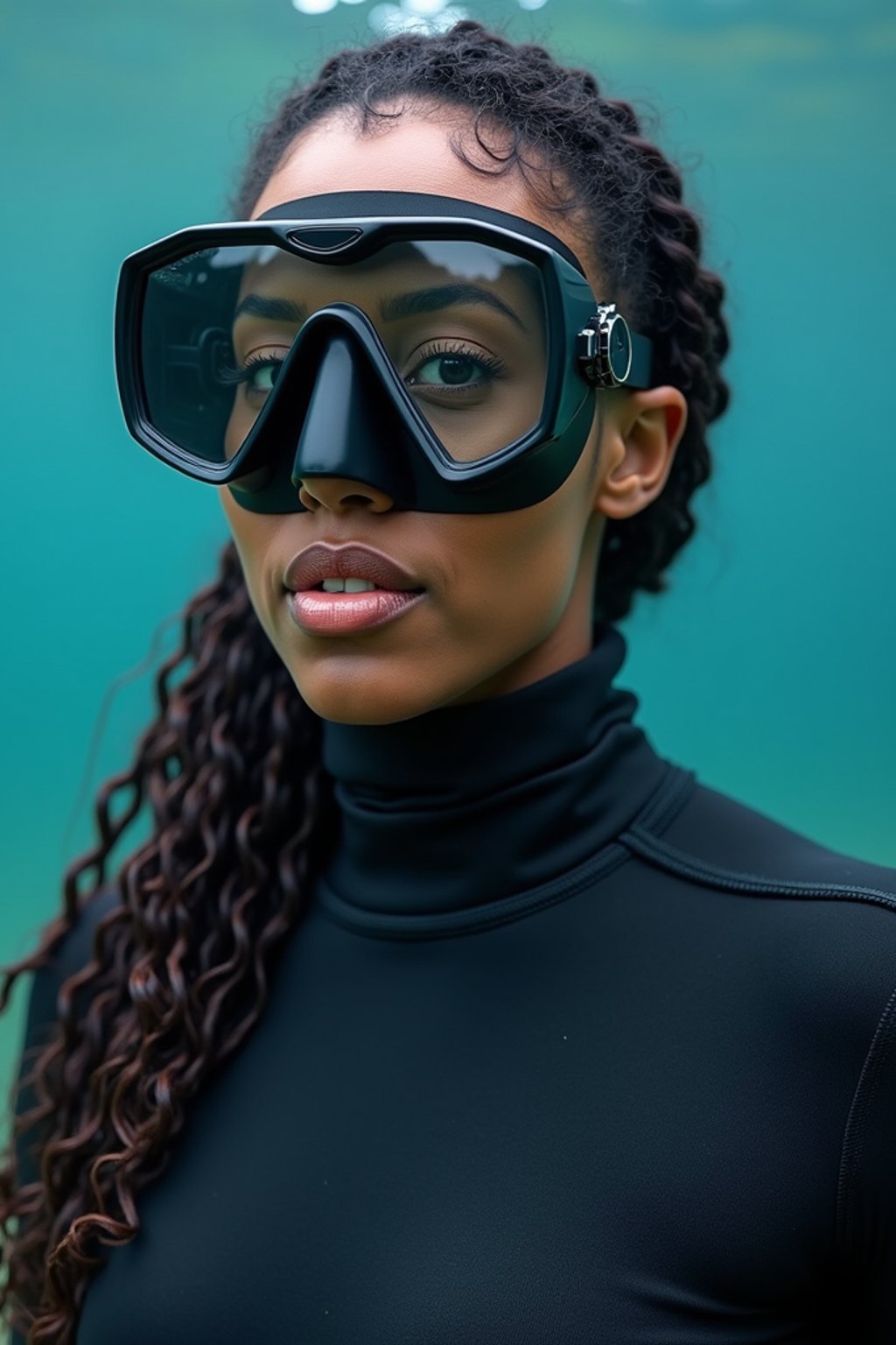 woman as a scuba diver wearing diving goggles and wearing a wetsuit