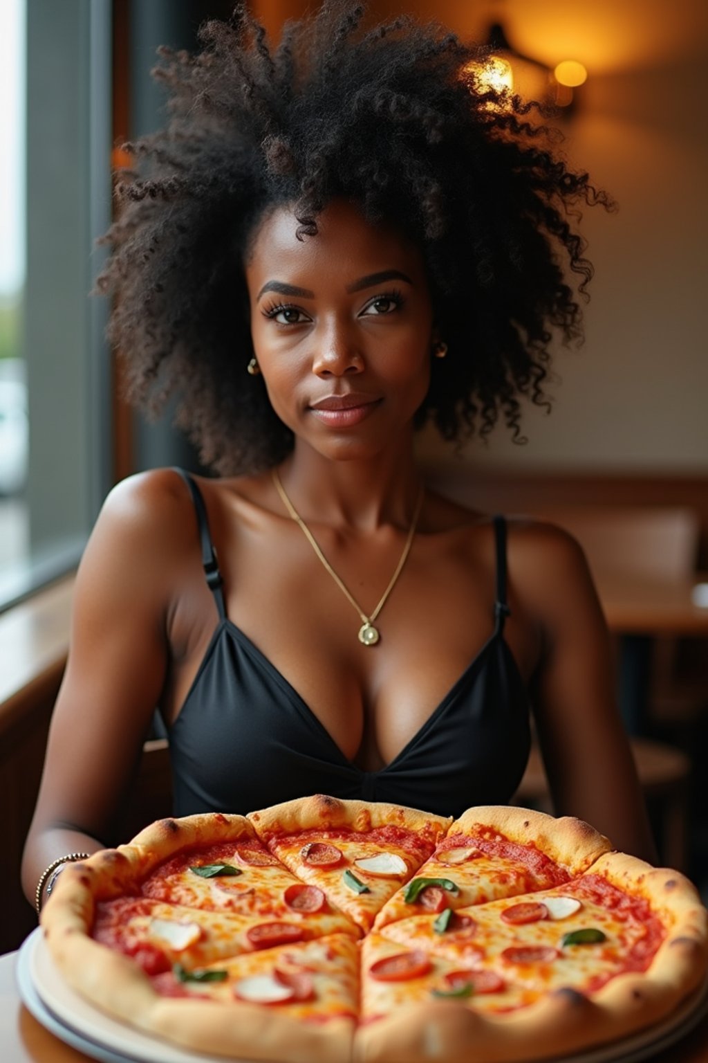 woman sitting in a restaurant eating a large pizza