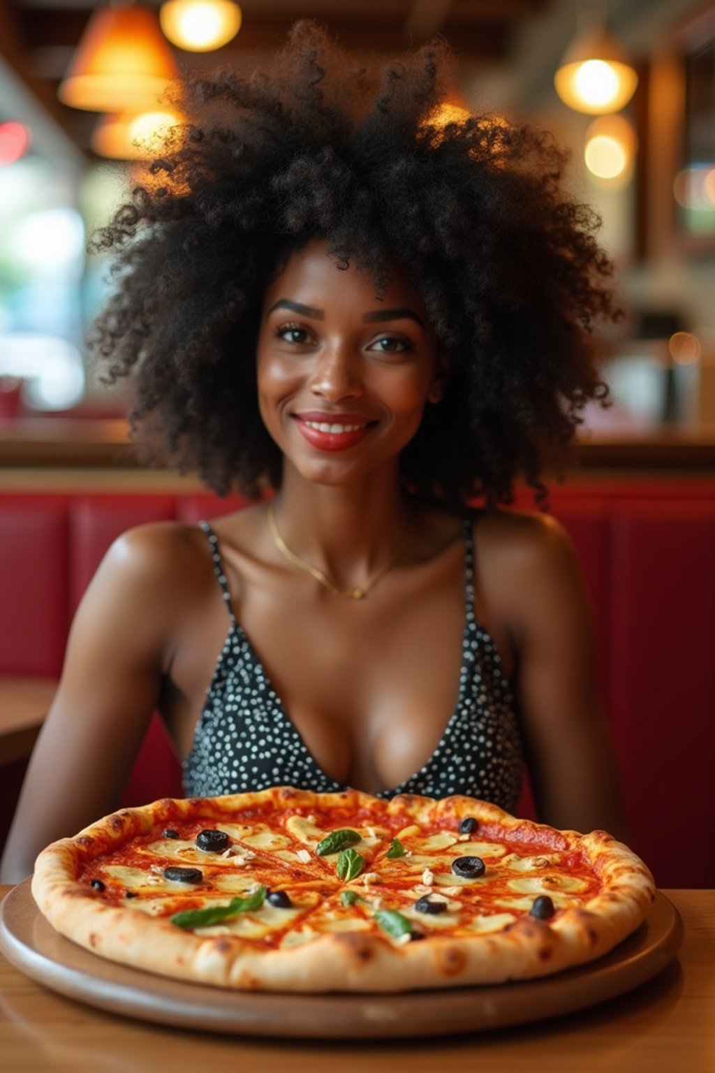 woman sitting in a restaurant eating a large pizza