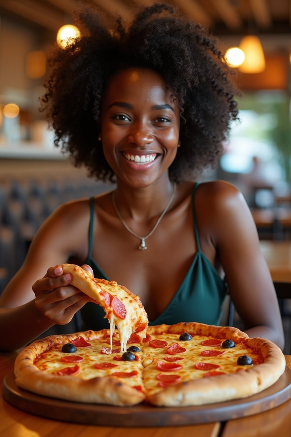 woman sitting in a restaurant eating a large pizza