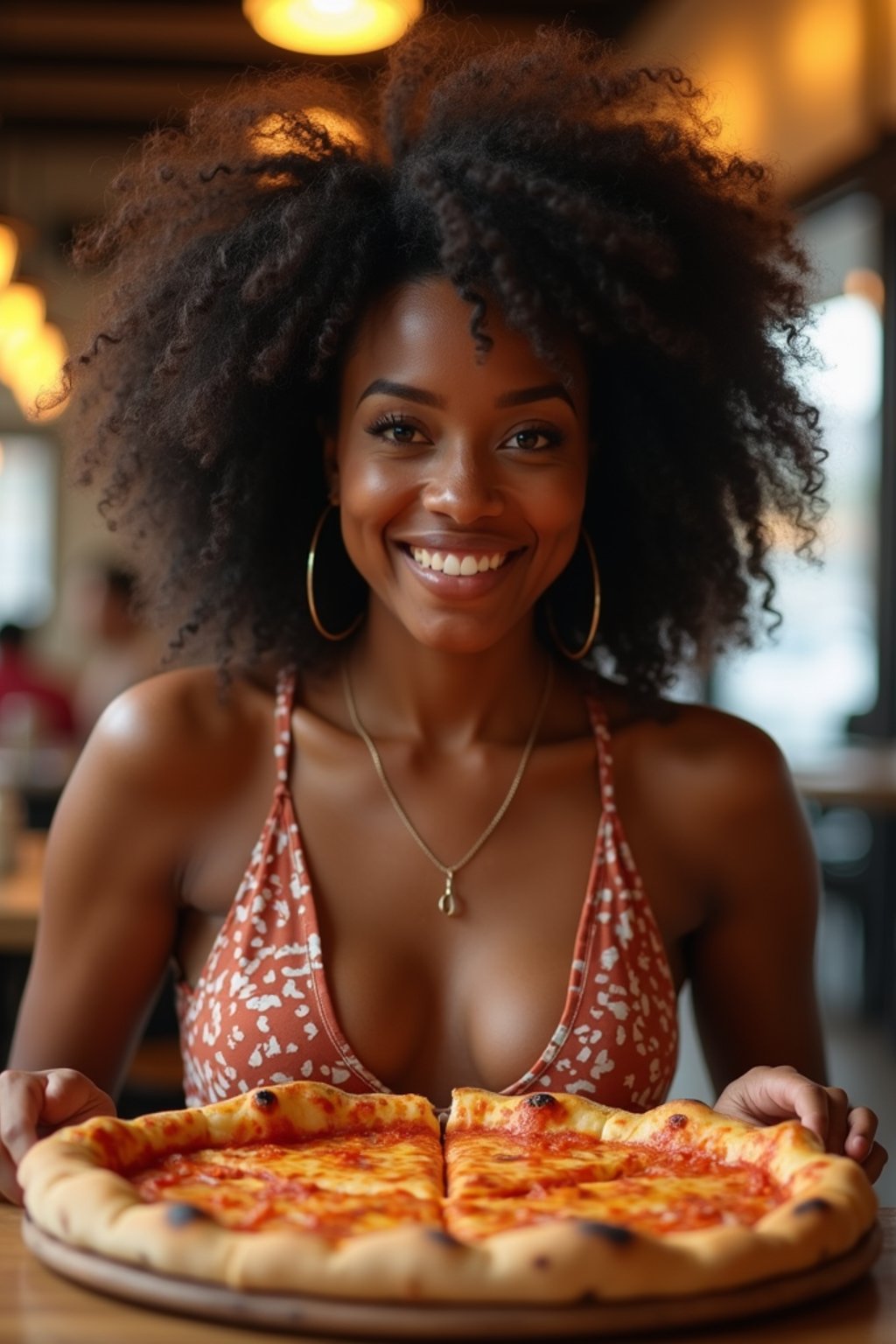 woman sitting in a restaurant eating a large pizza