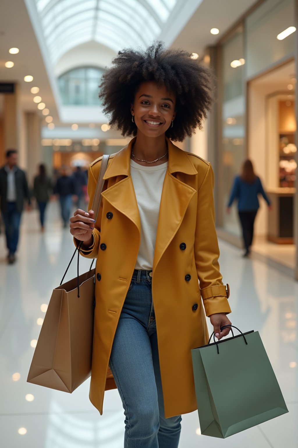 woman walking in a shopping mall, holding shopping bags. shops in background