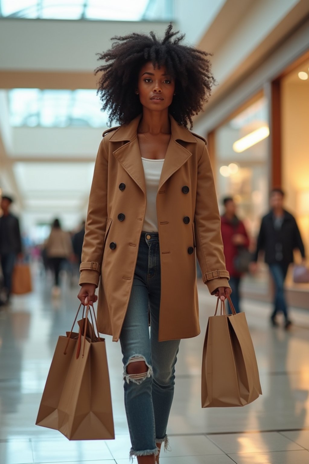 woman walking in a shopping mall, holding shopping bags. shops in background