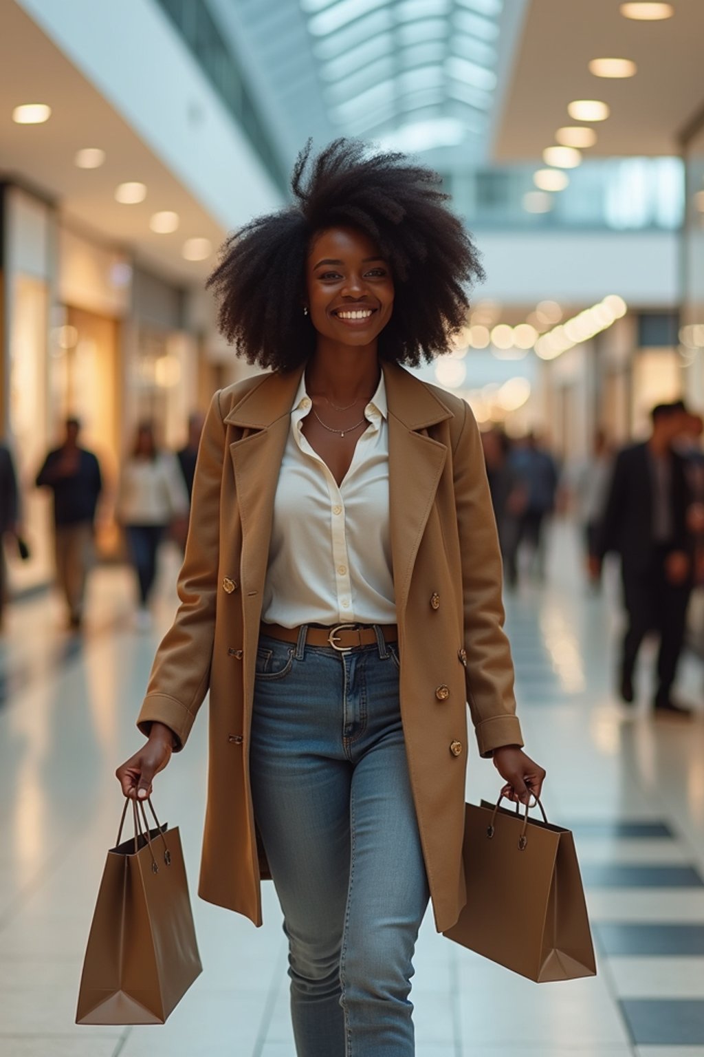 woman walking in a shopping mall, holding shopping bags. shops in background