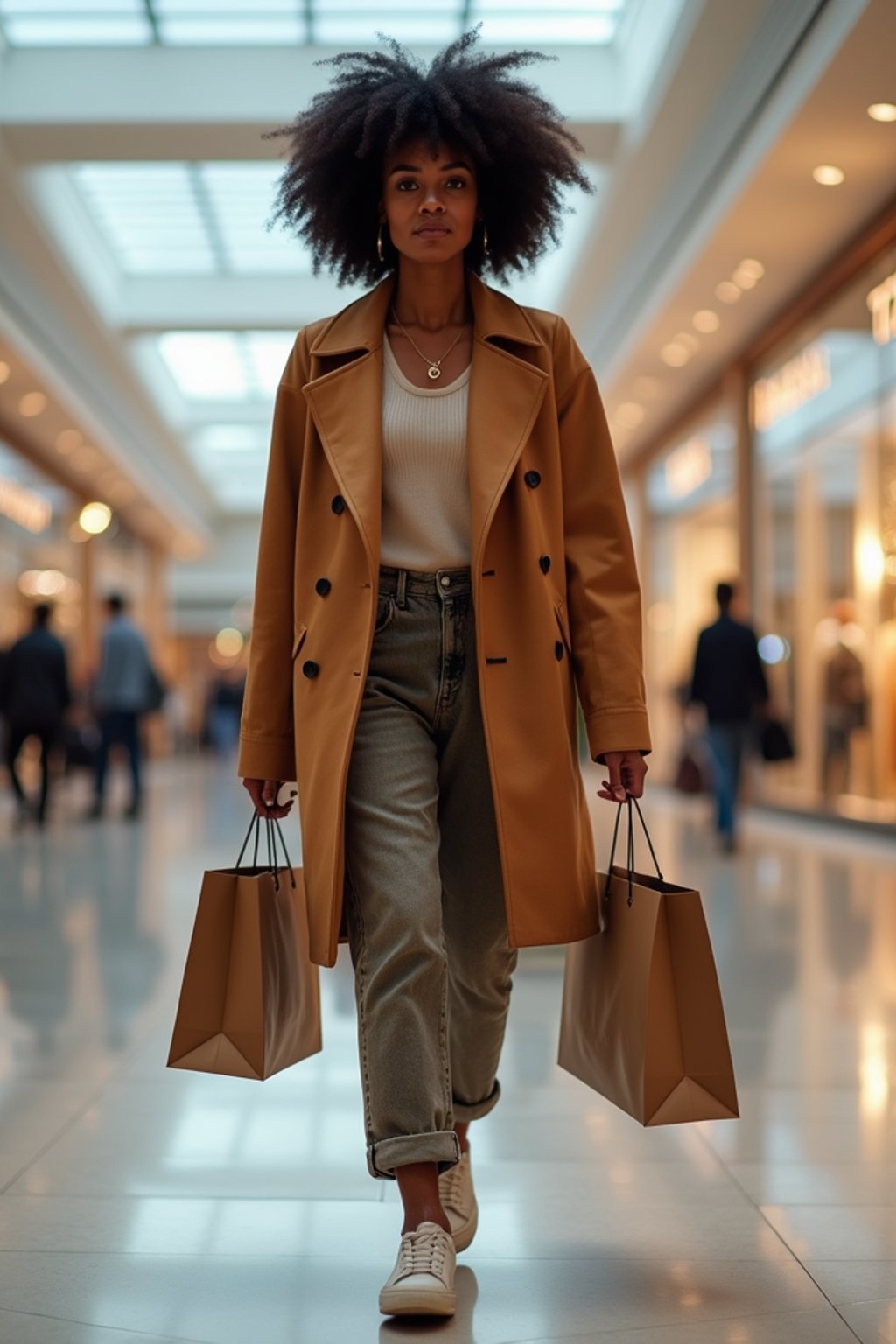 woman walking in a shopping mall, holding shopping bags. shops in background