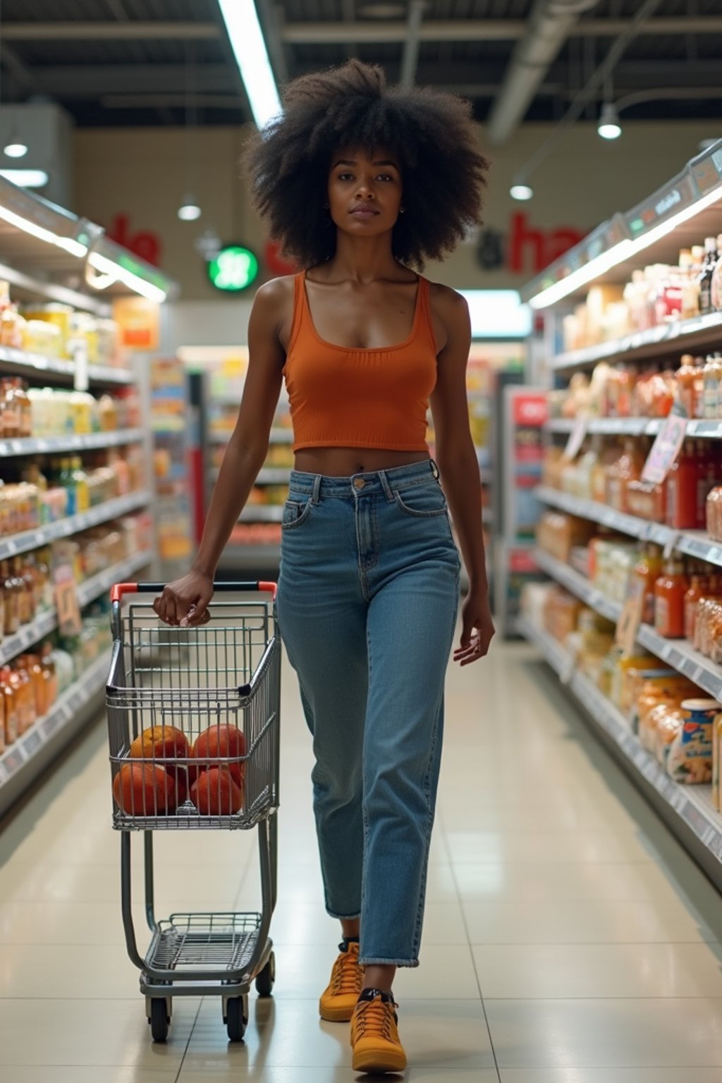 woman in Supermarket walking with Shopping Cart in the Supermarket Aisle. Background of Supermarket