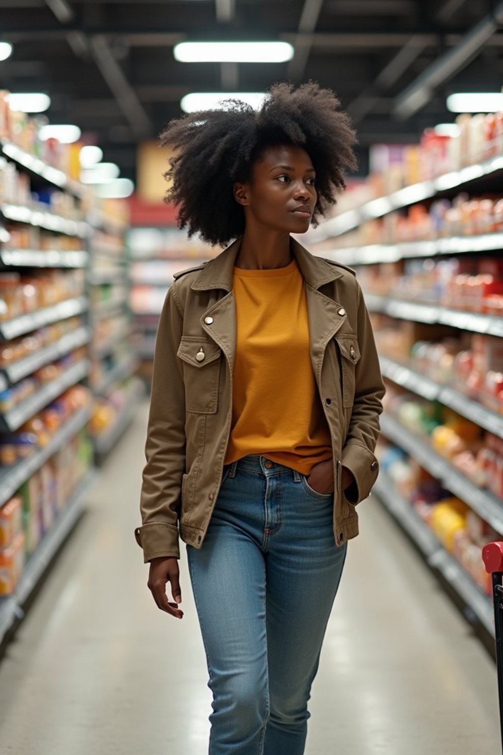 woman in Supermarket walking with Shopping Cart in the Supermarket Aisle. Background of Supermarket