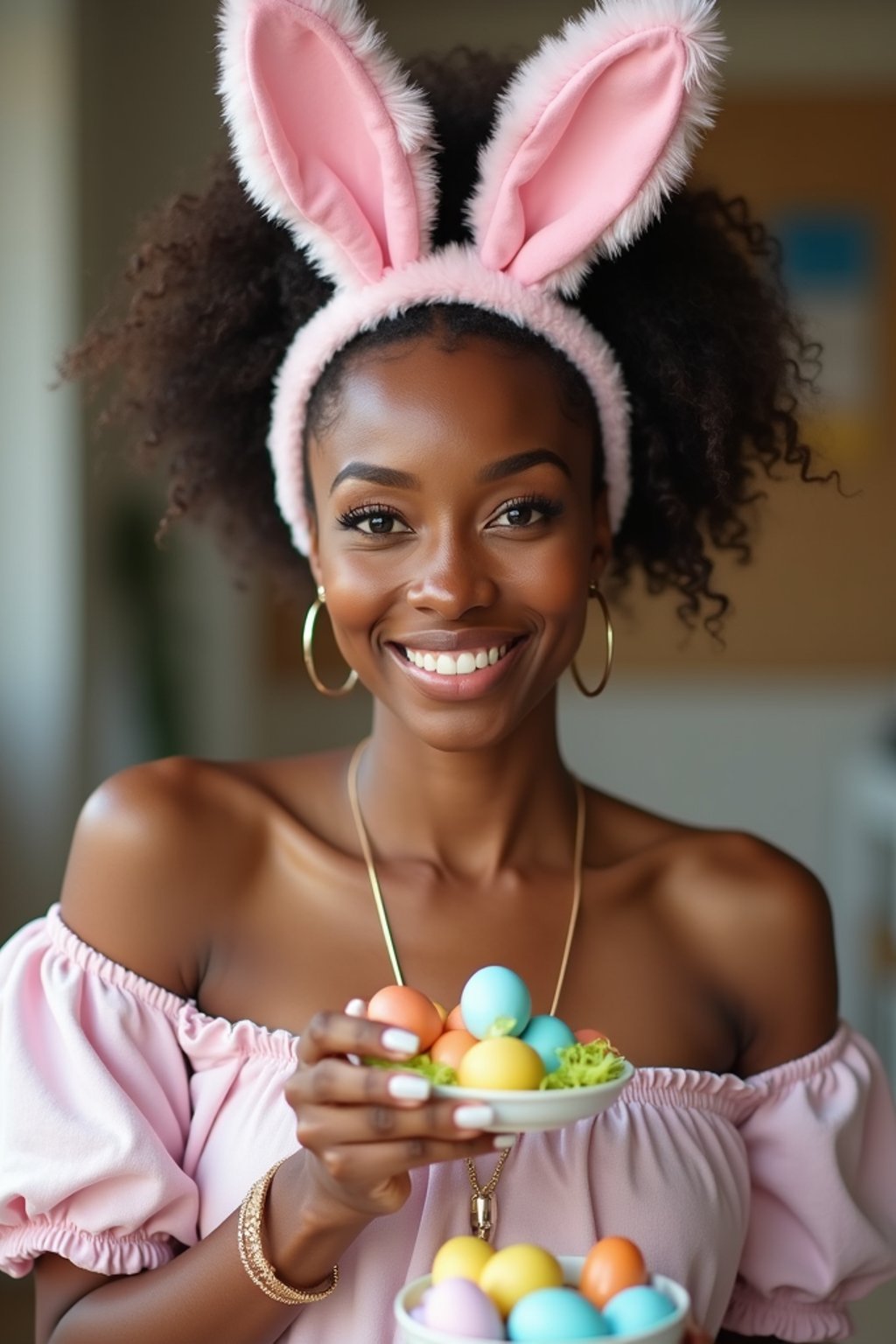 woman dressed up for Easter with Easter Bunny Ears at the Easter Breakfast. Easter Eggs. Easter Bunny