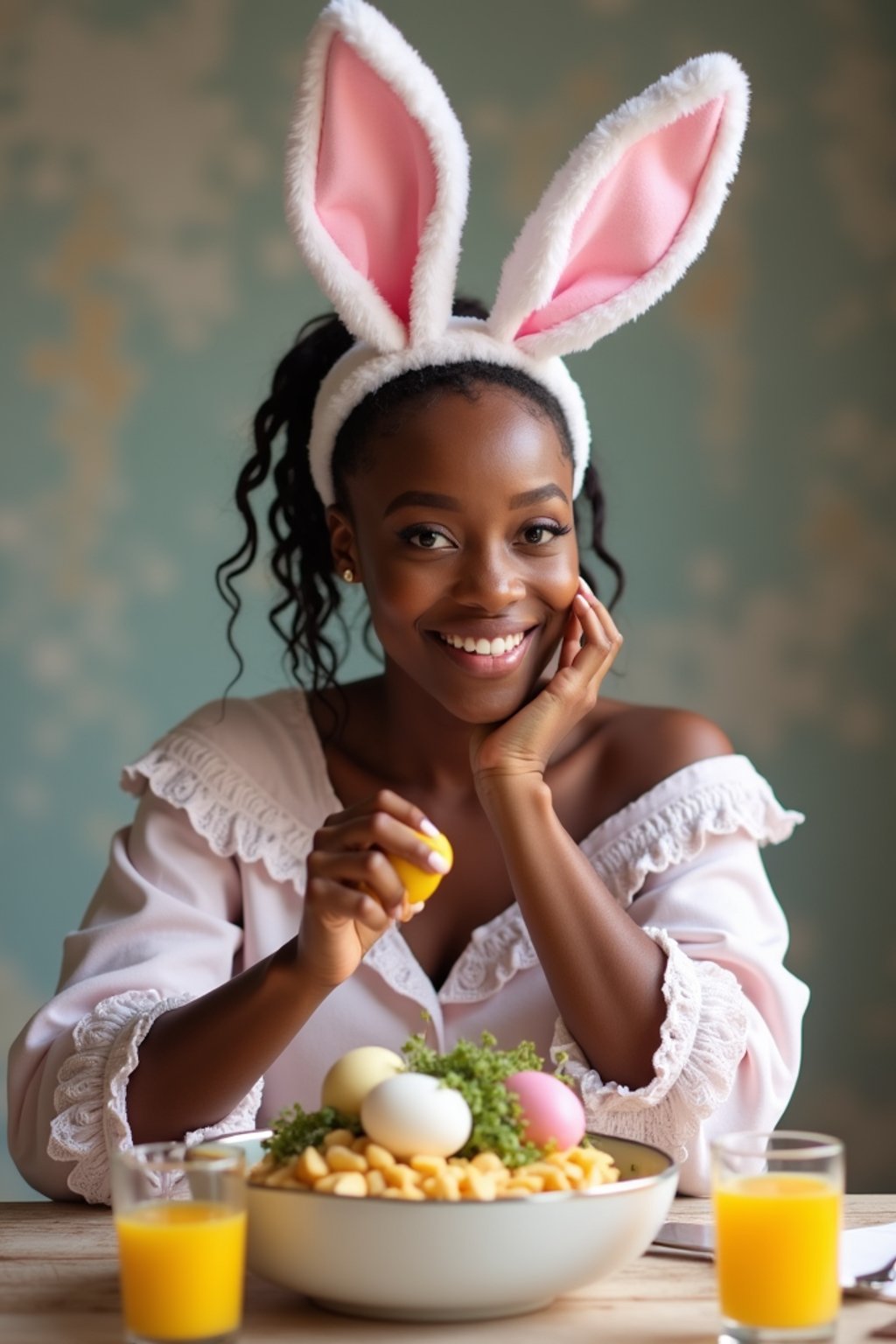 woman dressed up for Easter with Easter Bunny Ears at the Easter Breakfast. Easter Eggs. Easter Bunny