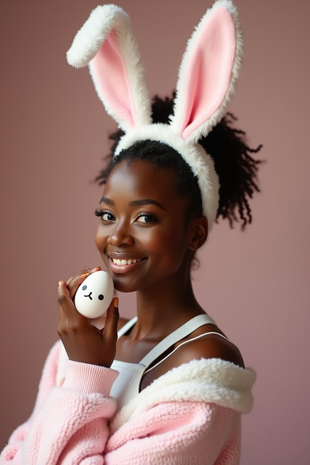 woman dressed up for Easter with Easter Bunny Ears at the Easter Breakfast. Easter Eggs. Easter Bunny