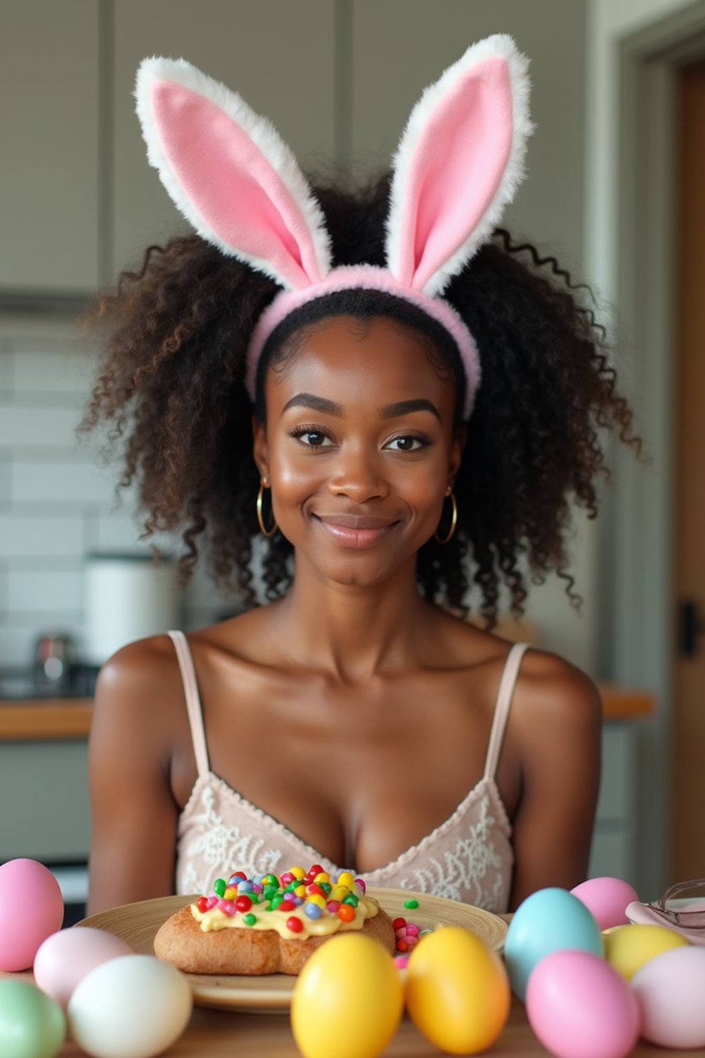 woman dressed up for Easter with Easter Bunny Ears at the Easter Breakfast. Easter Eggs. Easter Bunny