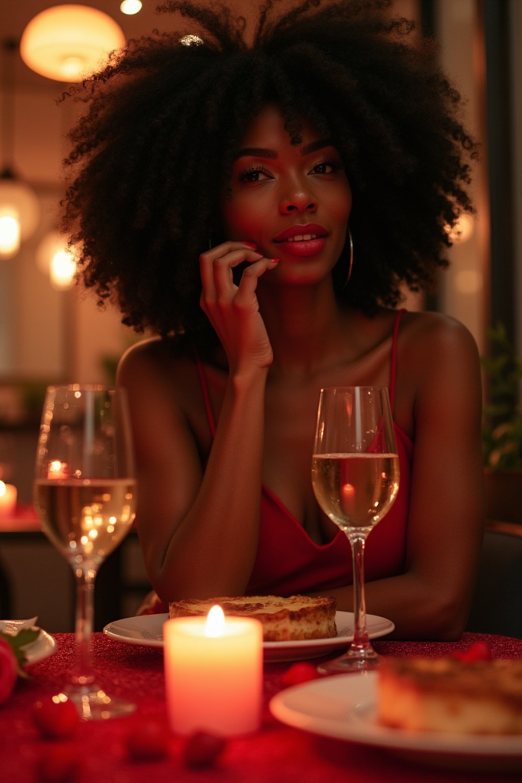 woman celebrating Valentine's Day with romantic dinner