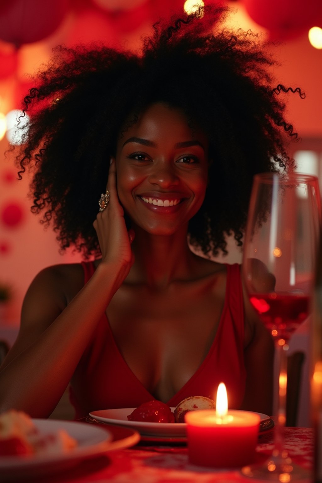 woman celebrating Valentine's Day with romantic dinner