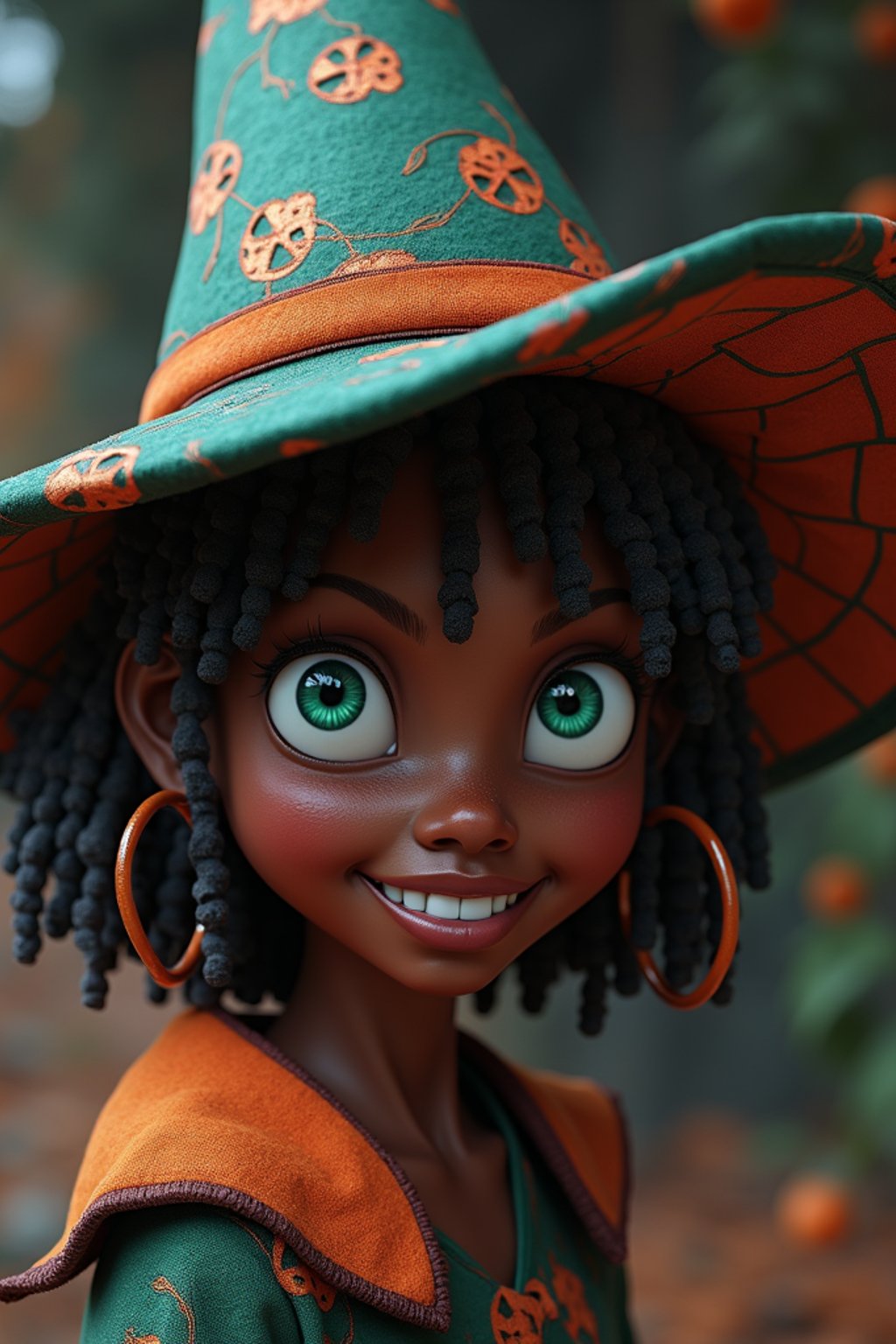 woman as the personification of the Halloween holiday in the form of woman with a villain's smile, (cute)cute hats, cute cheeks, unreal engine, highly detailed, artgerm digital illustration, woo tooth, studio ghibli, deviantart, sharp focus, artstation, by Alexei Vinogradov bakery, sweets, emerald eyes