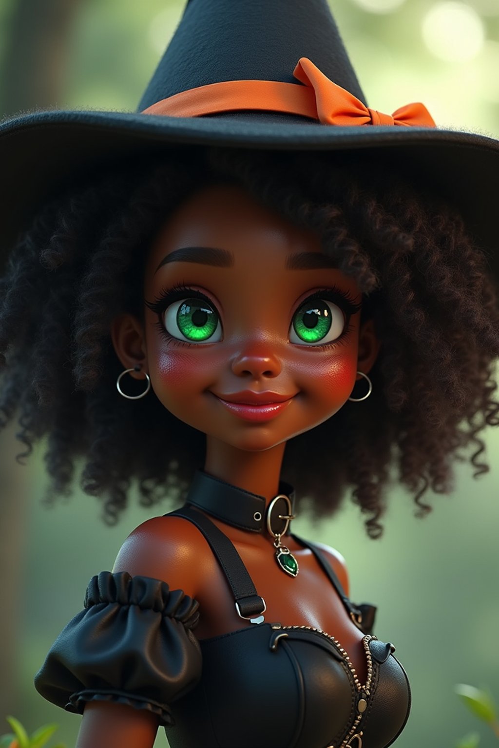 woman as the personification of the Halloween holiday in the form of woman with a villain's smile, (cute)cute hats, cute cheeks, unreal engine, highly detailed, artgerm digital illustration, woo tooth, studio ghibli, deviantart, sharp focus, artstation, by Alexei Vinogradov bakery, sweets, emerald eyes