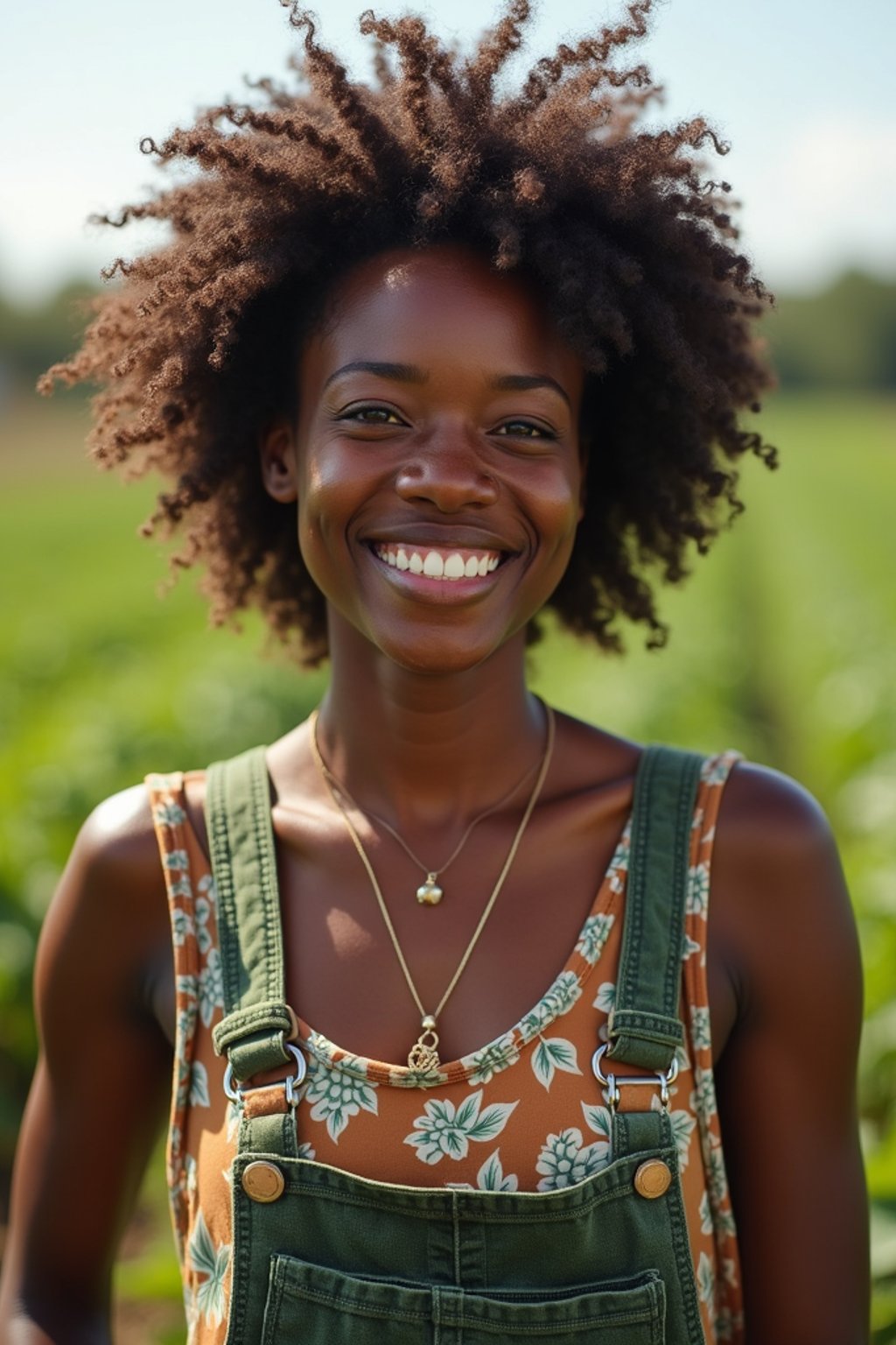 woman farmer with farm in background