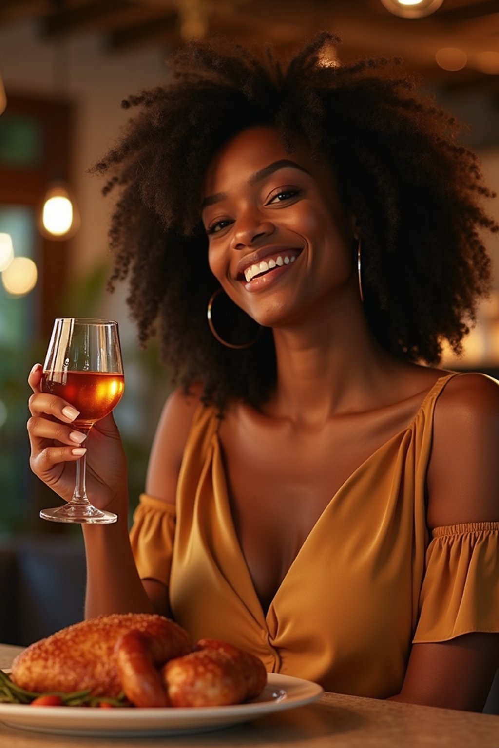 woman celebrating Thanksgiving with cocktail and turkey meat in background