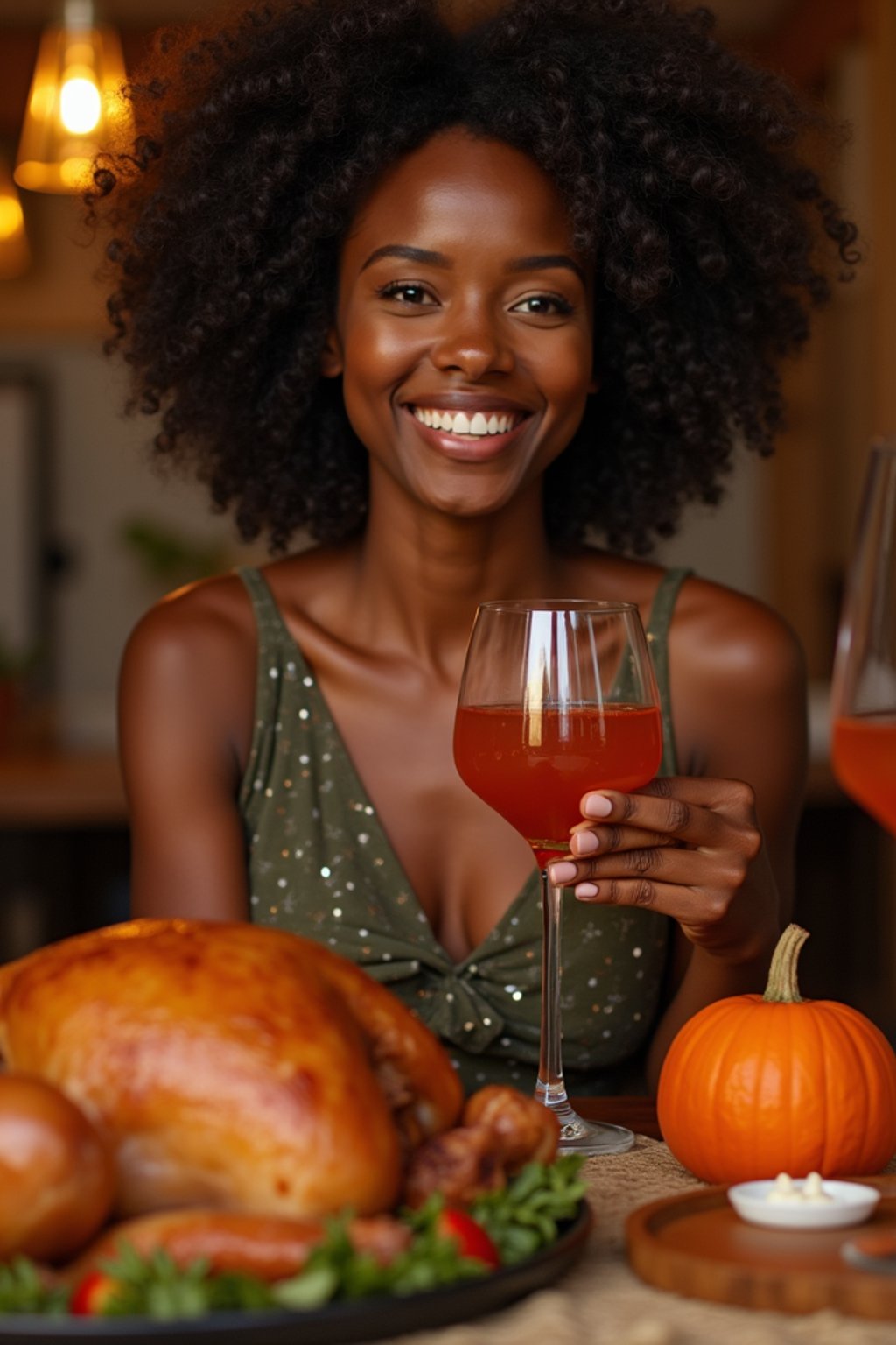 woman celebrating Thanksgiving with cocktail and turkey meat in background