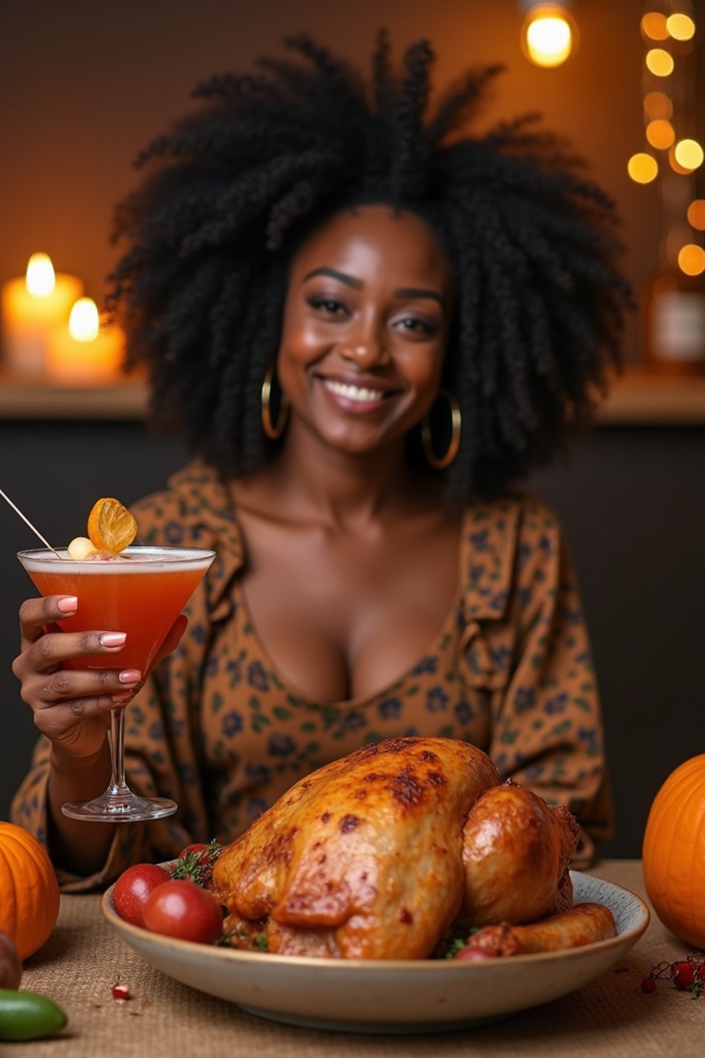 woman celebrating Thanksgiving with cocktail and turkey meat in background