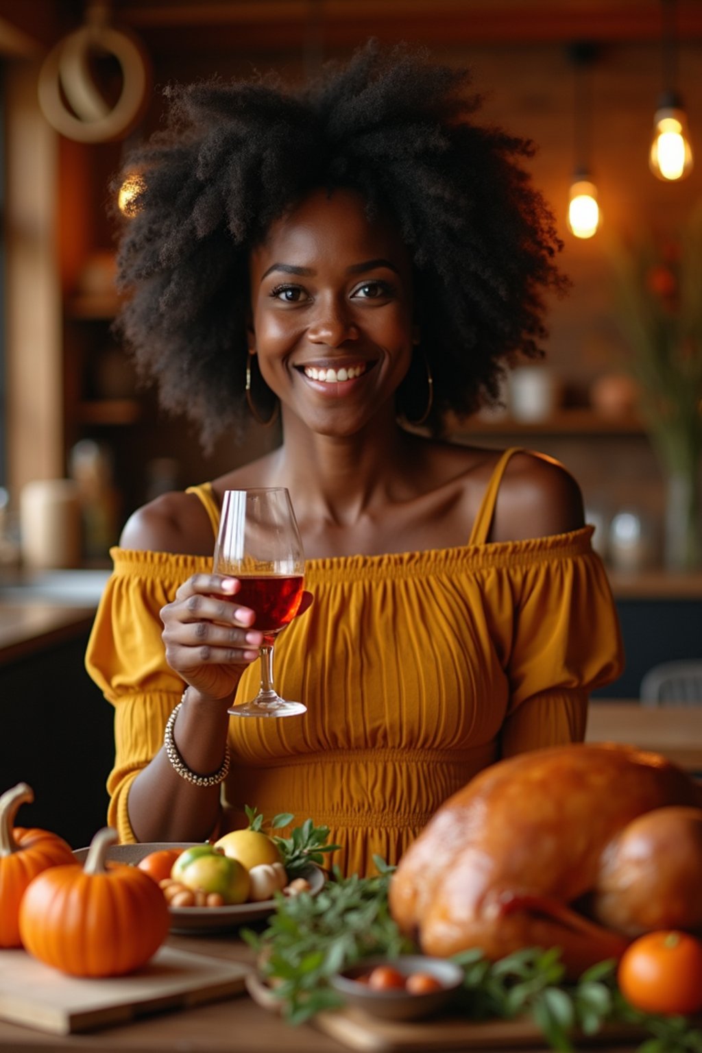 woman celebrating Thanksgiving with cocktail and turkey meat in background