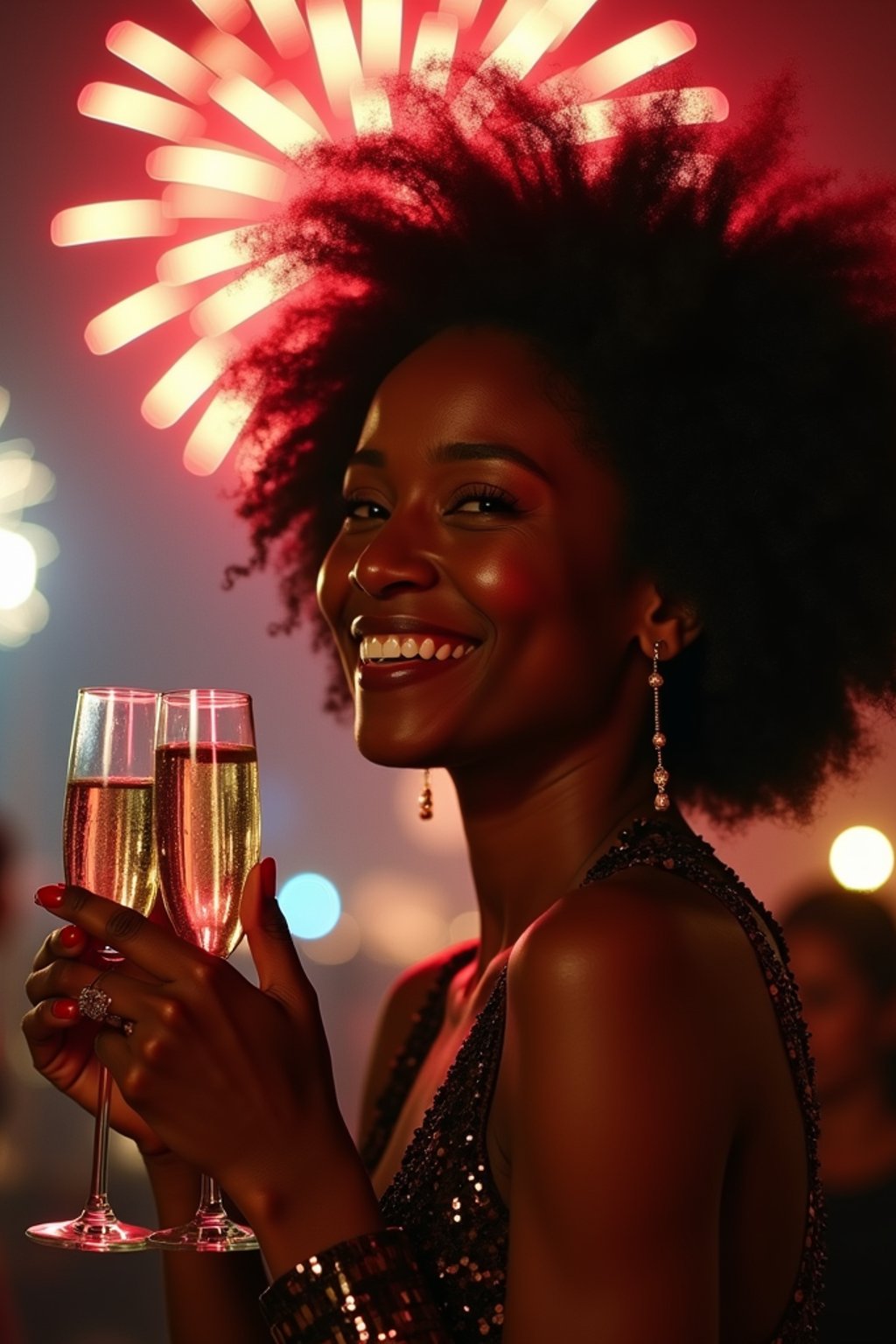 woman celebrating New Year's Eve with champagne and Fireworks in background