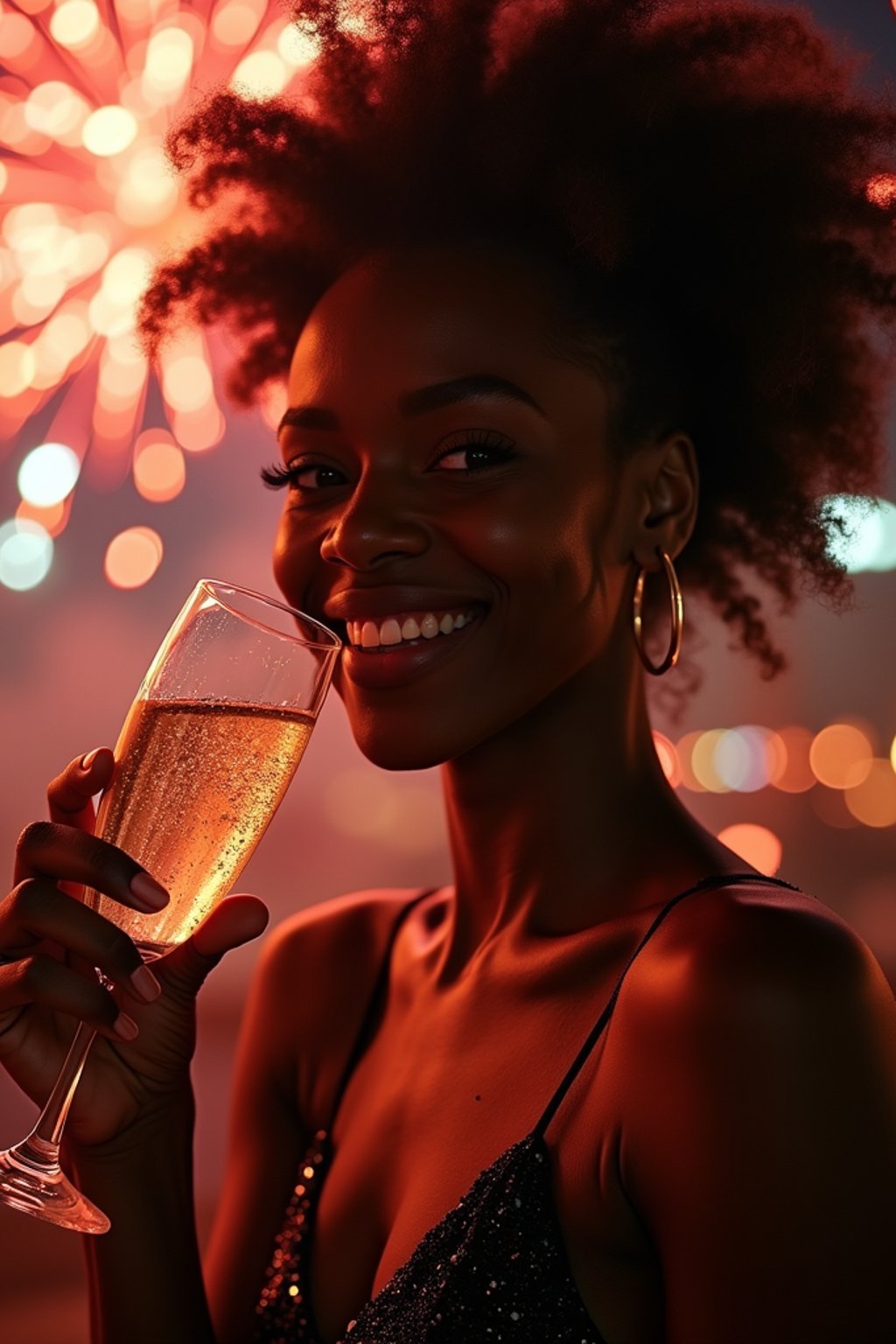 woman celebrating New Year's Eve with champagne and Fireworks in background