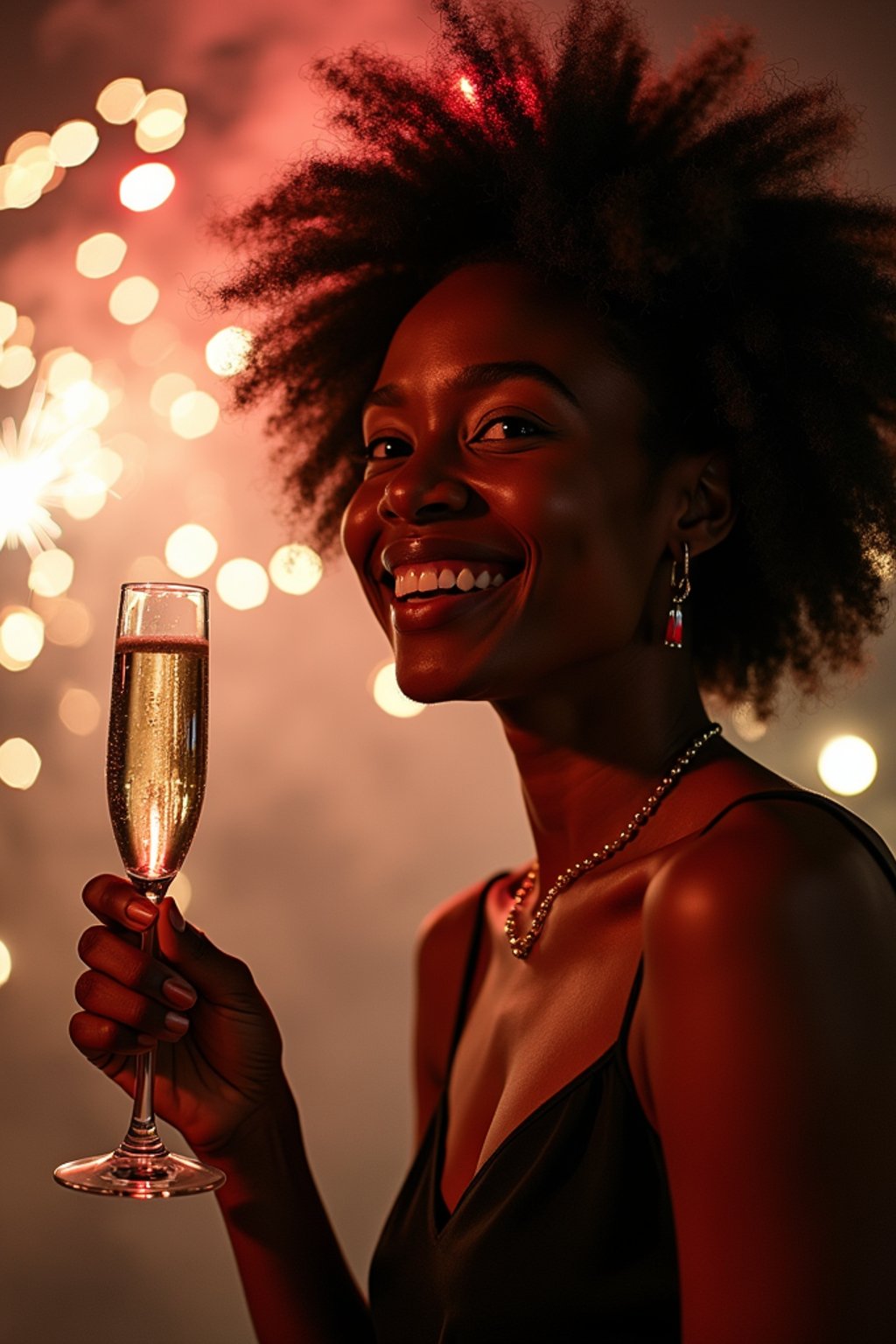 woman celebrating New Year's Eve with champagne and Fireworks in background