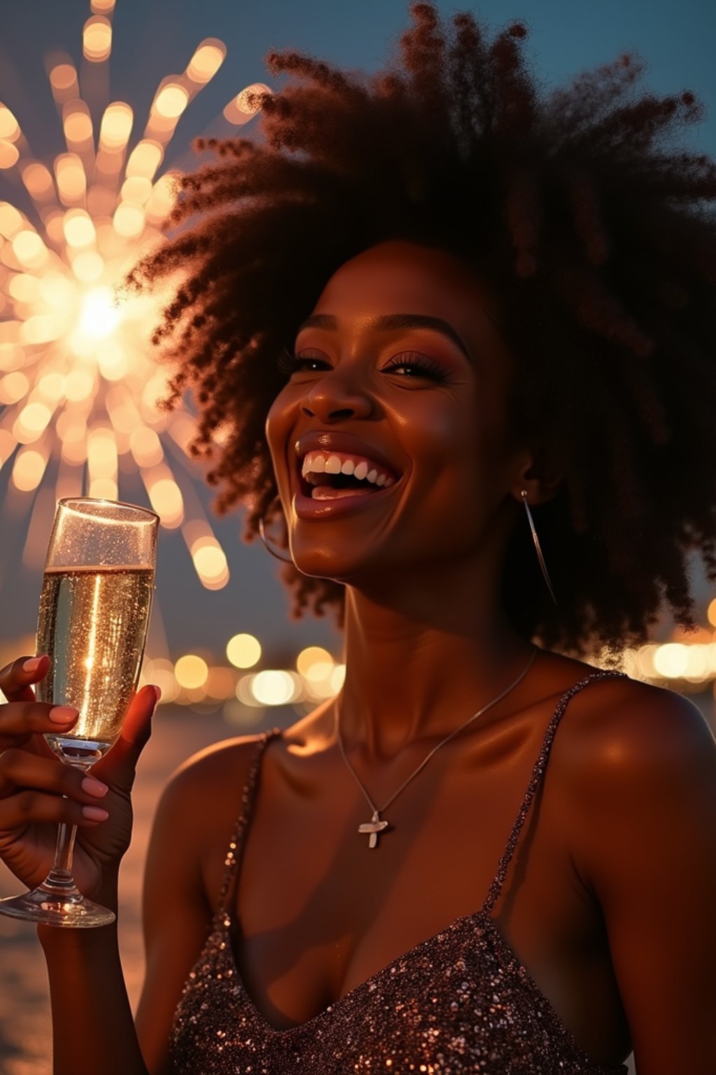 woman celebrating New Year's Eve with champagne and Fireworks in background