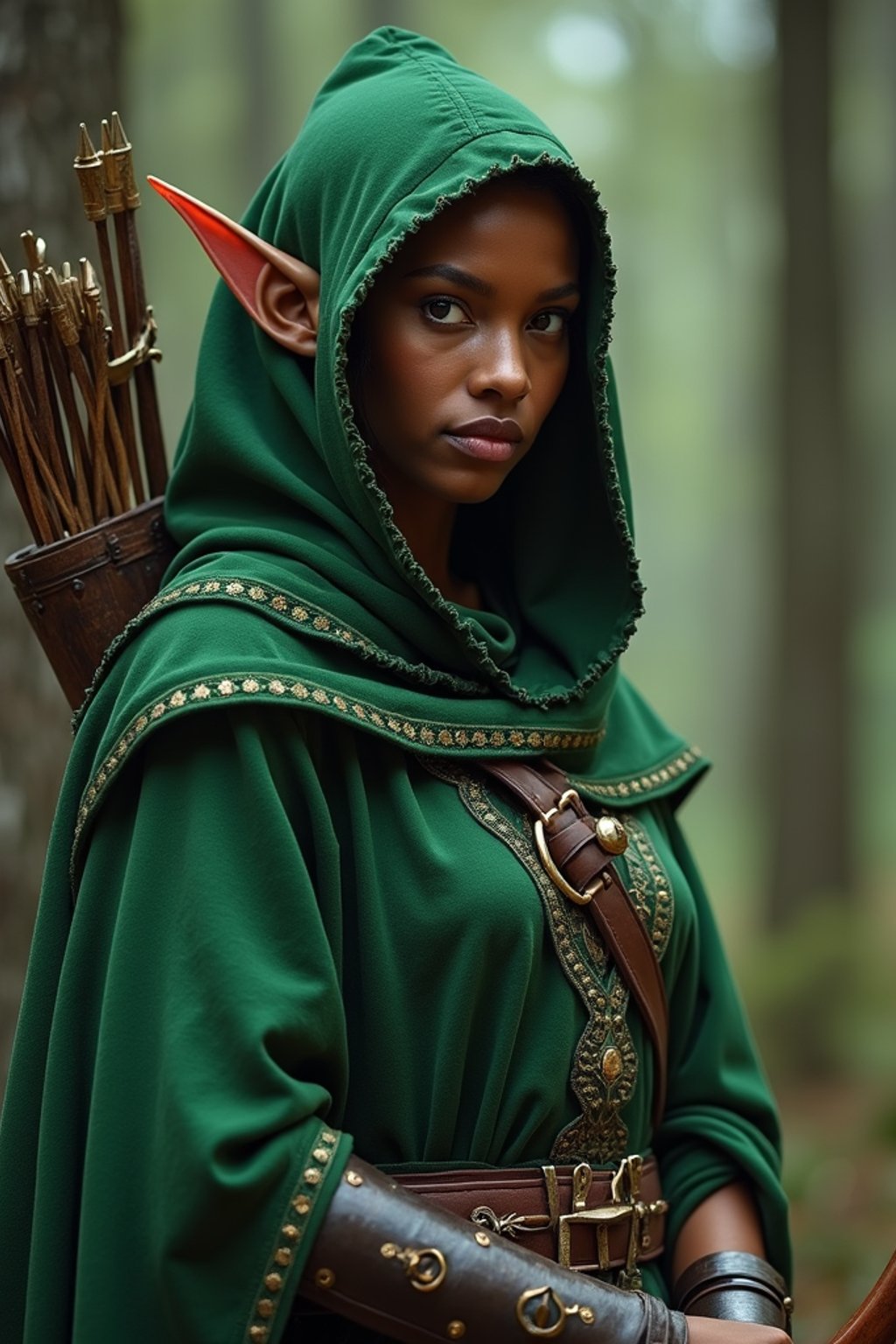 woman as a Medieval Elf Archer Warrior in Green Robe