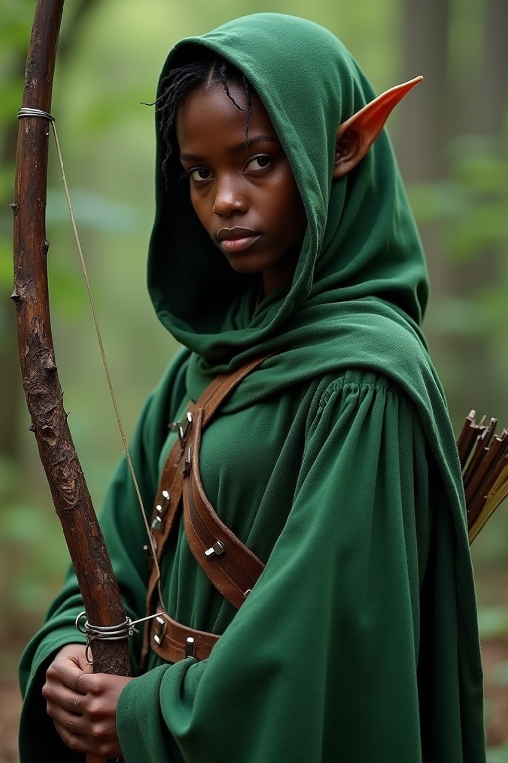 woman as a Medieval Elf Archer Warrior in Green Robe