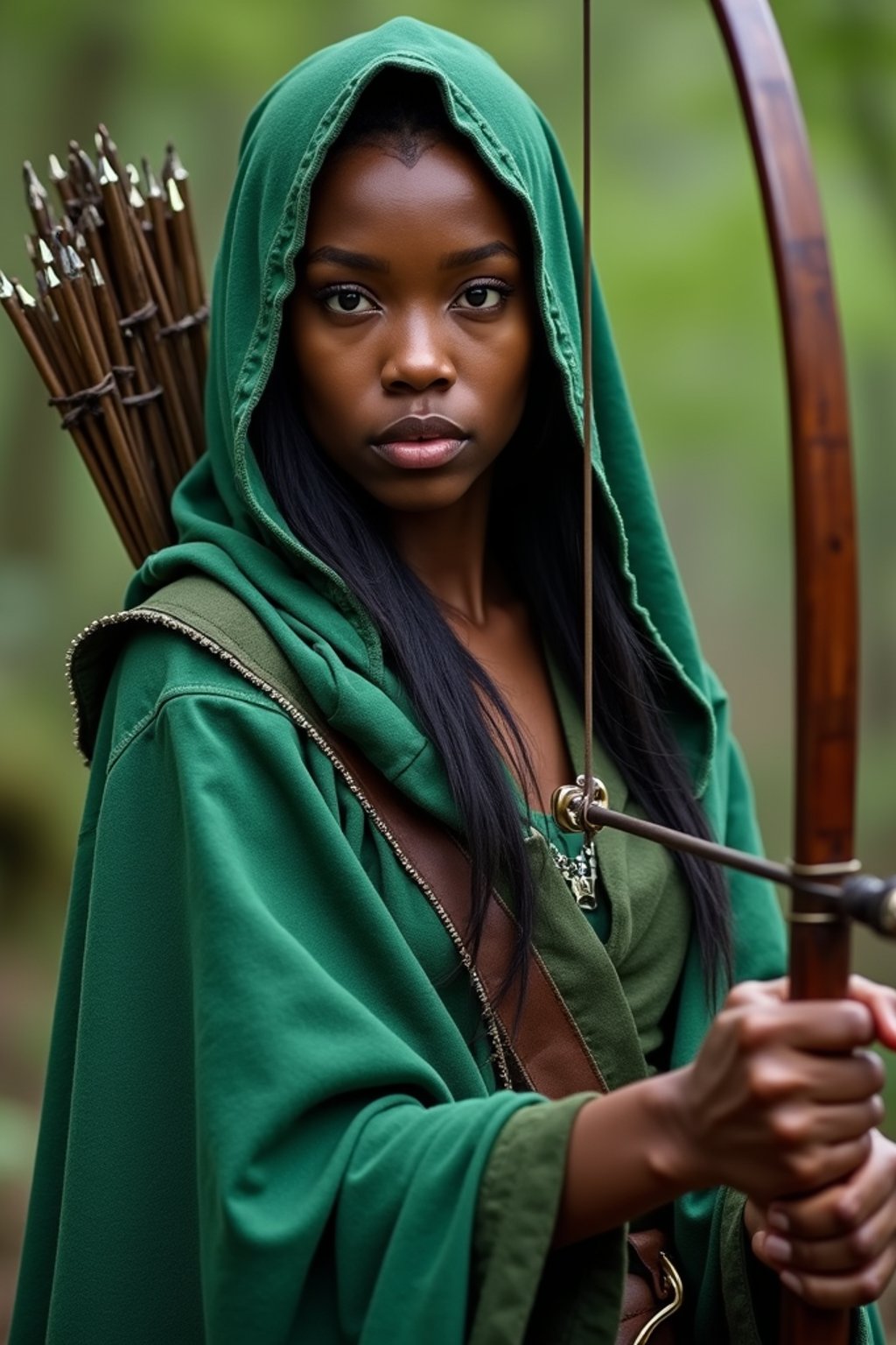 woman as a Medieval Elf Archer Warrior in Green Robe