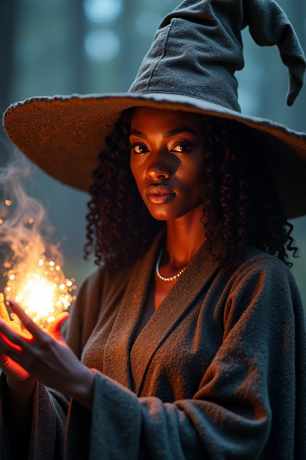 woman as a Wizard with a Wizard robe and big hat, crystal magic, dramatic light