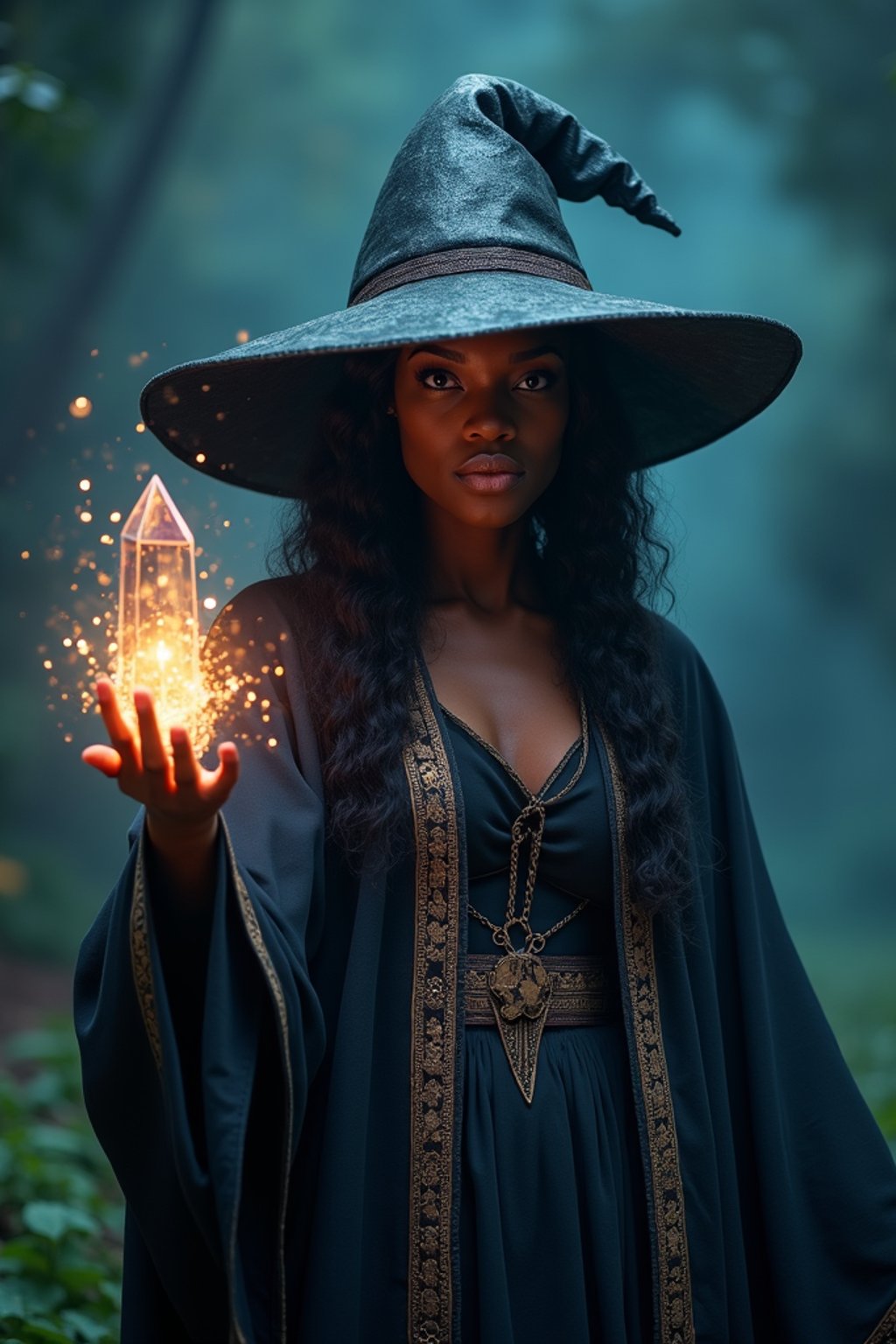 woman as a Wizard with a Wizard robe and big hat, crystal magic, dramatic light