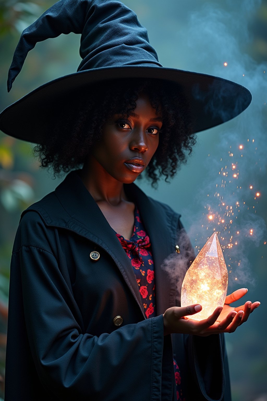 woman as a Wizard with a Wizard robe and big hat, crystal magic, dramatic light