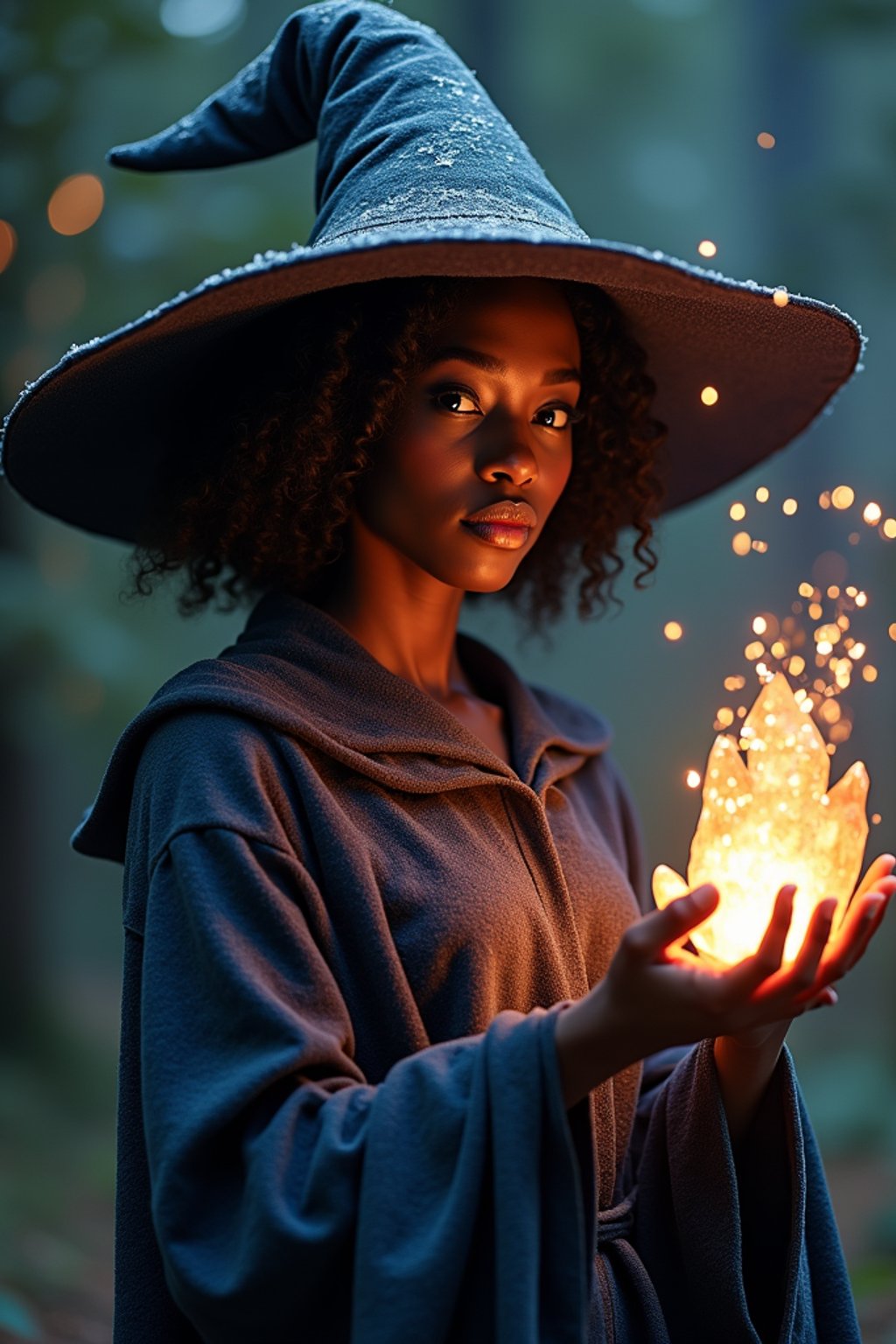 woman as a Wizard with a Wizard robe and big hat, crystal magic, dramatic light