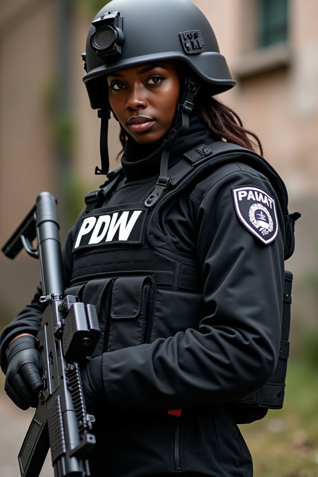 woman as a SWAT Officer. wearing black swat vest, swat helmet, holding pdw