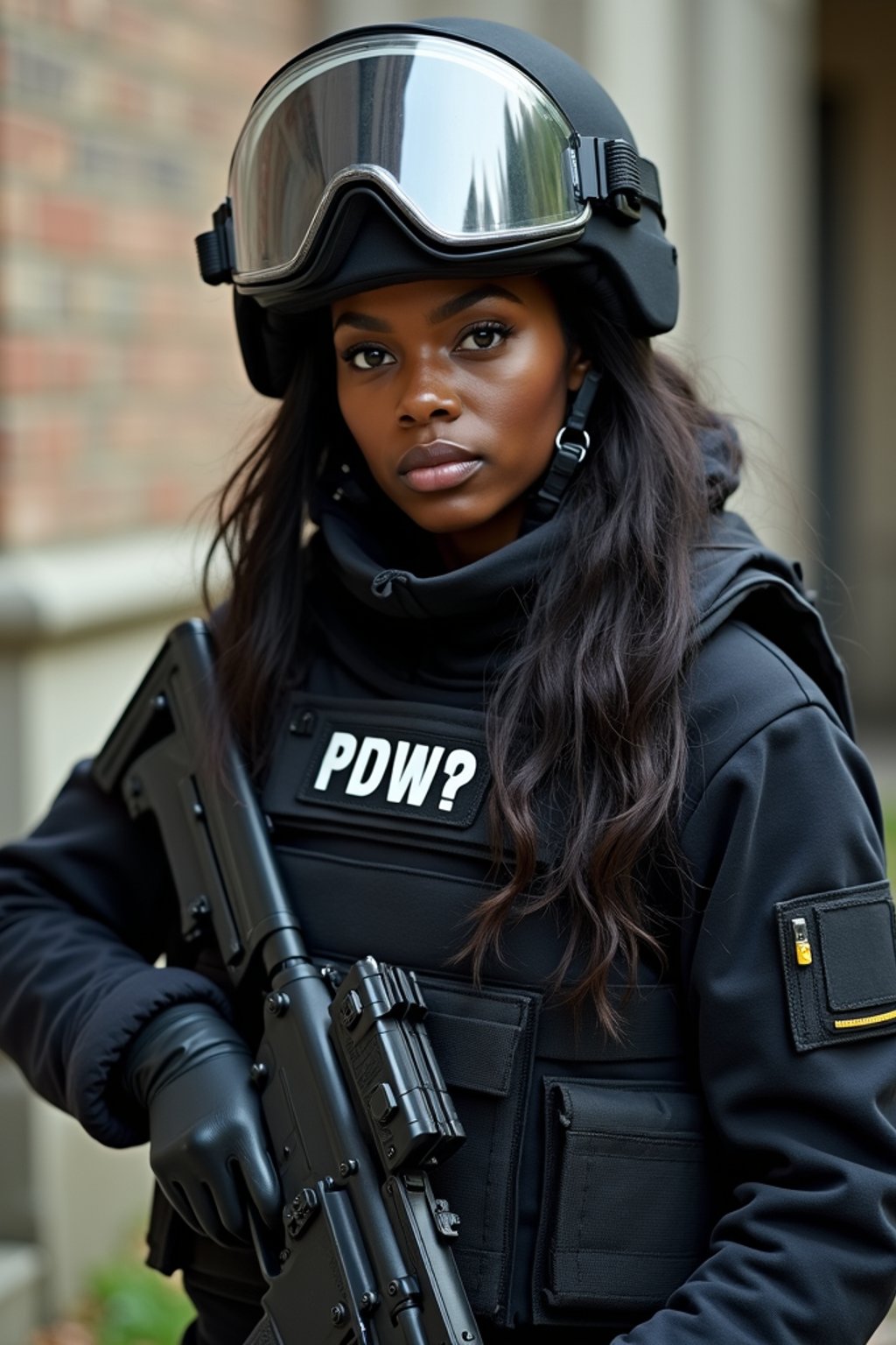 woman as a SWAT Officer. wearing black swat vest, swat helmet, holding pdw