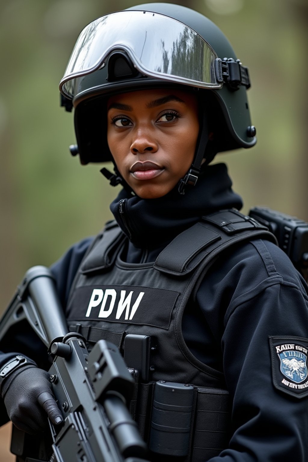 woman as a SWAT Officer. wearing black swat vest, swat helmet, holding pdw